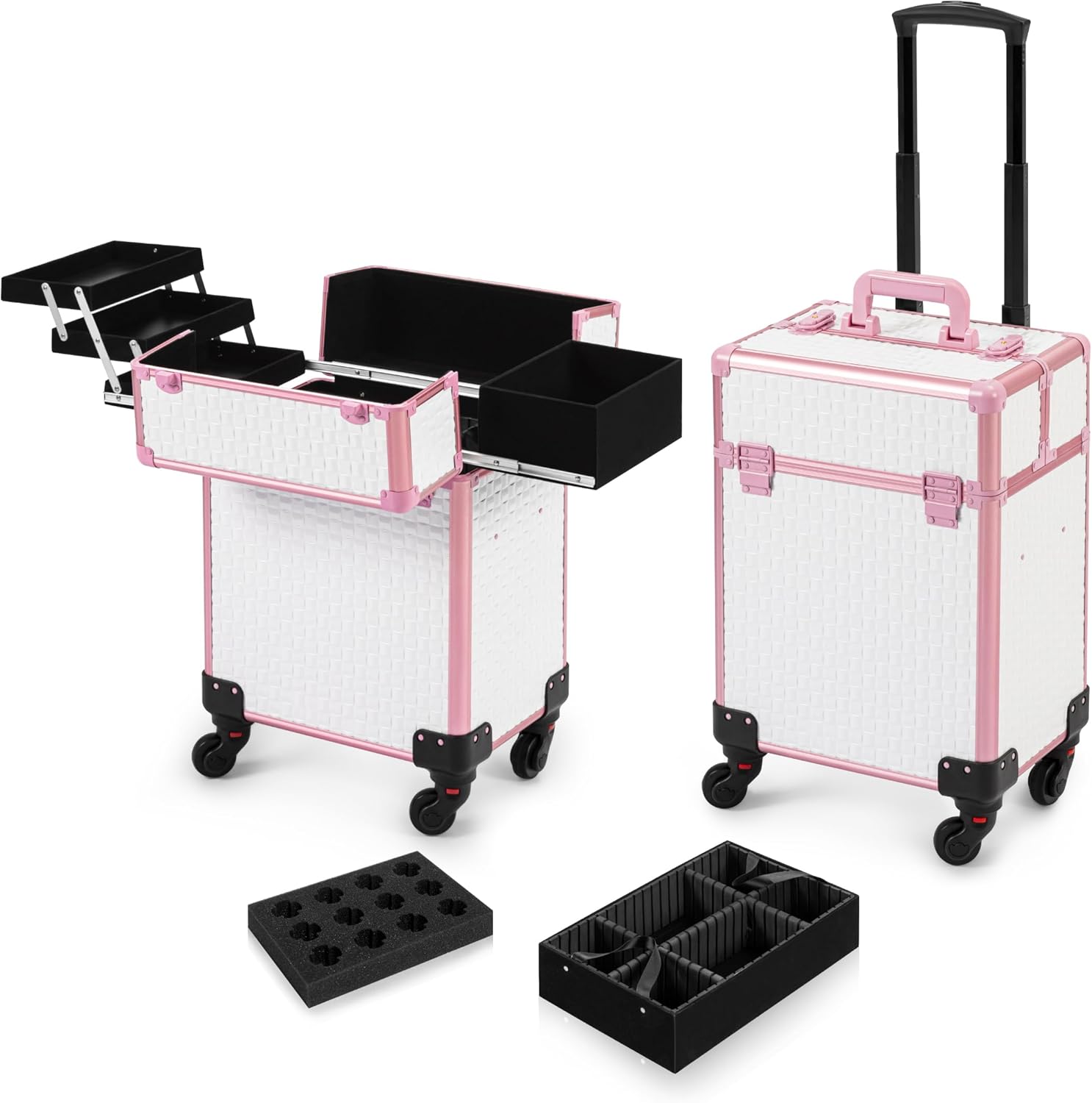 AROUS Rolling Makeup Train Case Cosmetic Travel Trolley 4 Tray with Sliding Rail Removable Middle Layer with Key Swivel Wheels Salon Barber Case Traveling Cart Trunk,White