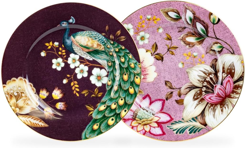 Grace Teaware Peacock Lotus Garden Fine Porcelain 7.5-inch Dessert Salad Plate Set of 2, Two Assorted Design Plates (Green)