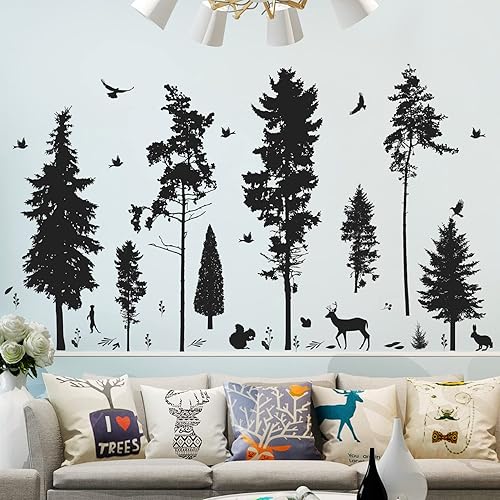 Miniatura 4 de 8 hojas de calcomanías de pared de árbol negro 3D de animales, árboles de selva, calcomanías de pared de pino perenne, calcomanías de pared de árbol