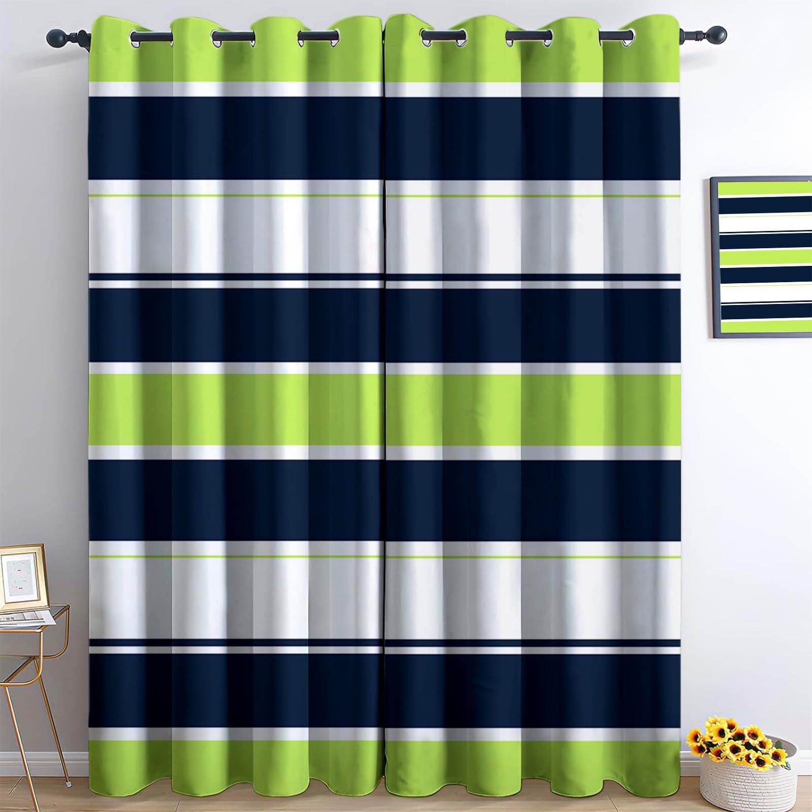 Geometrisches Streifenmuster Teal Blickdichte Vorhänge, Weiche Thermovorhang Gardinen mit Ösen, 2er Pack Verdunkelung Ösenschal für Wohnzimmer Schlafzimmer, H 260 x B 140 cm