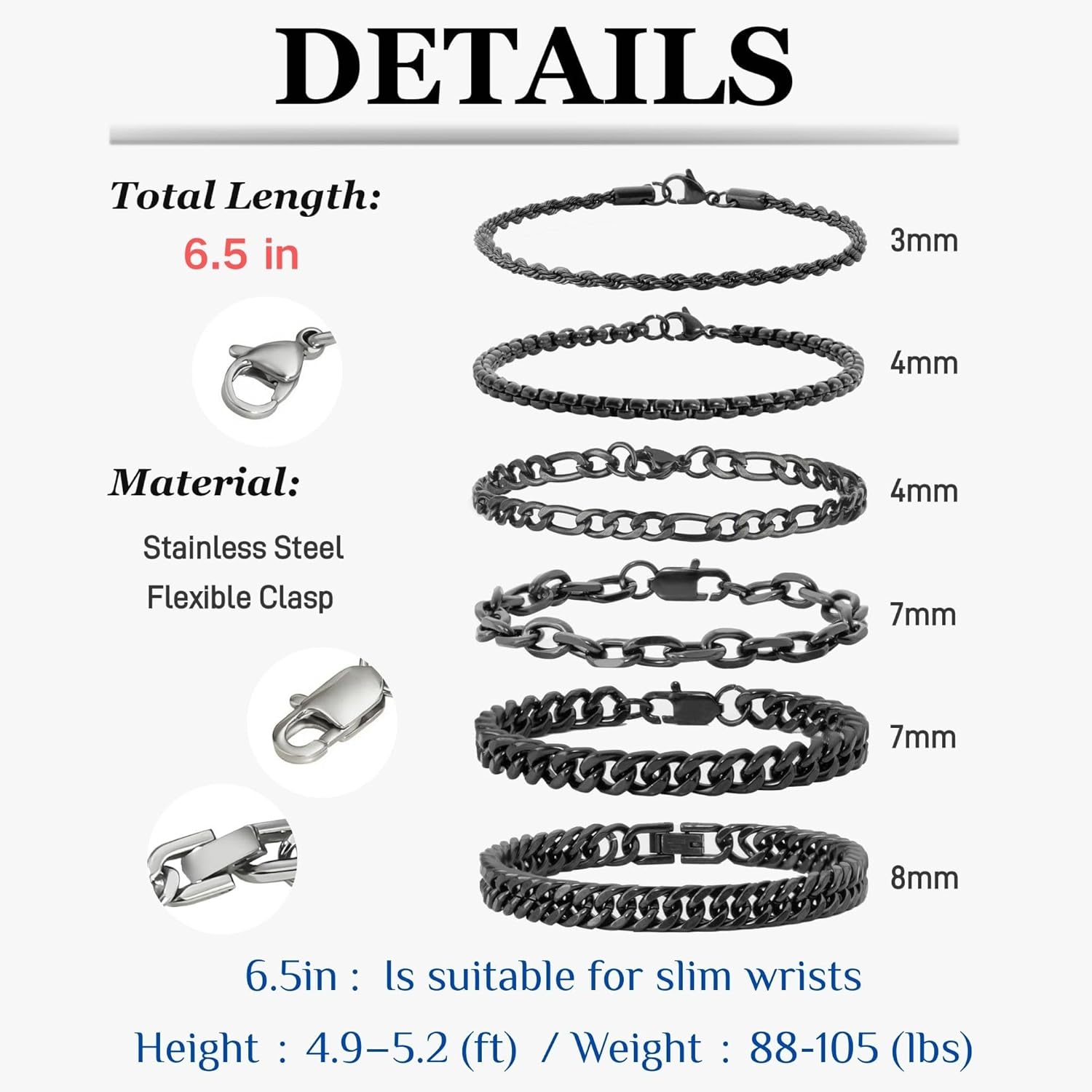 XIANNVXI 6pcs Stainless Steel Bracelets for Men Women Silver/Gold/Black Cuban Link Rope Paperclip Chain Bracelets Set 6.5/7/7.5/8.3/9 Inches Metal Bracelet Mens Fashion Accessories Jewelry Set - Image 4