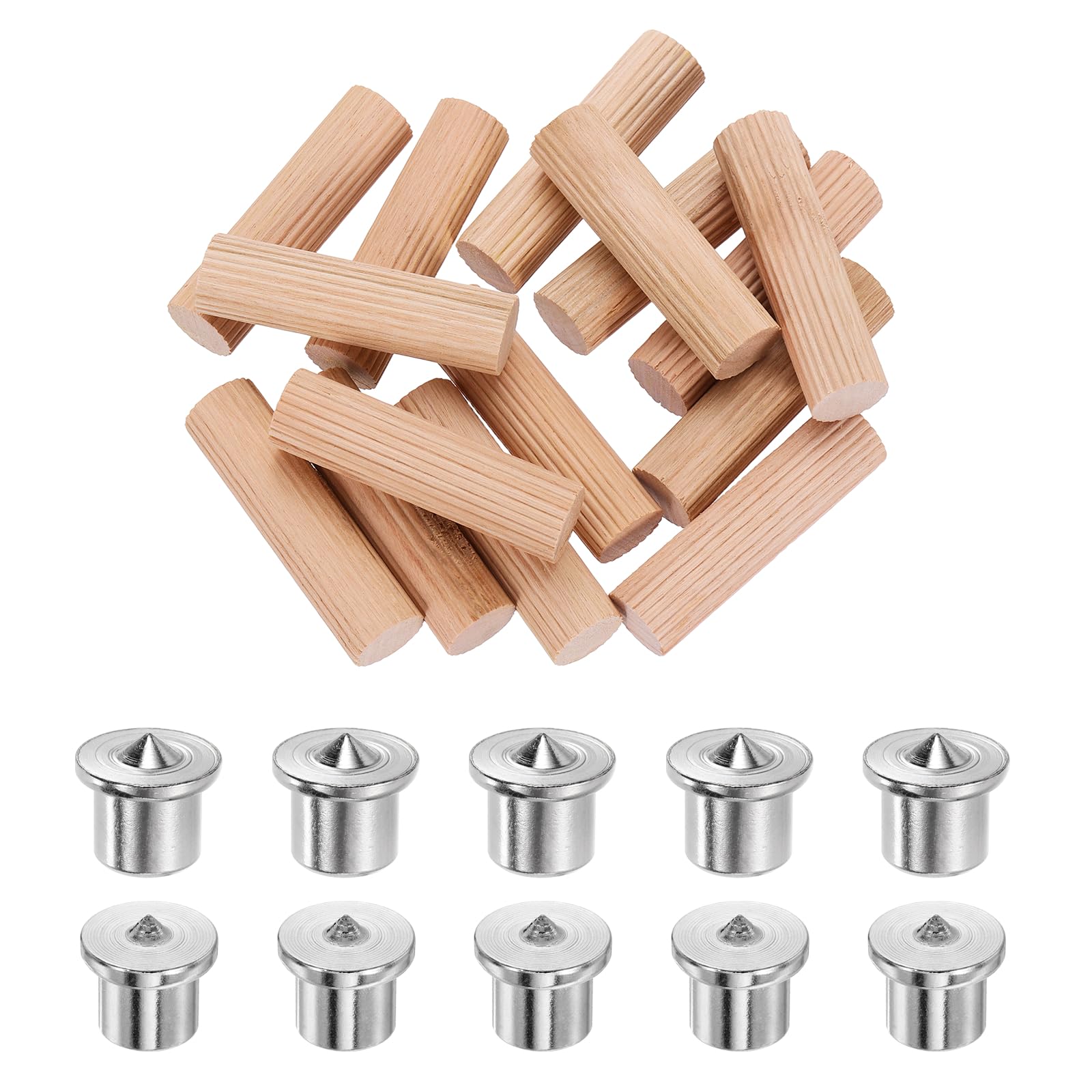 sourcing map 120Pcs Wood Dowel Pins, 15/32" x 1 25/32" Wooden Dowel Rods Straight Grooved Pins with 10Pcs Solid Hollow Dowels Tenon Center Transfer Plugs for Furniture Woodworking DIY Project