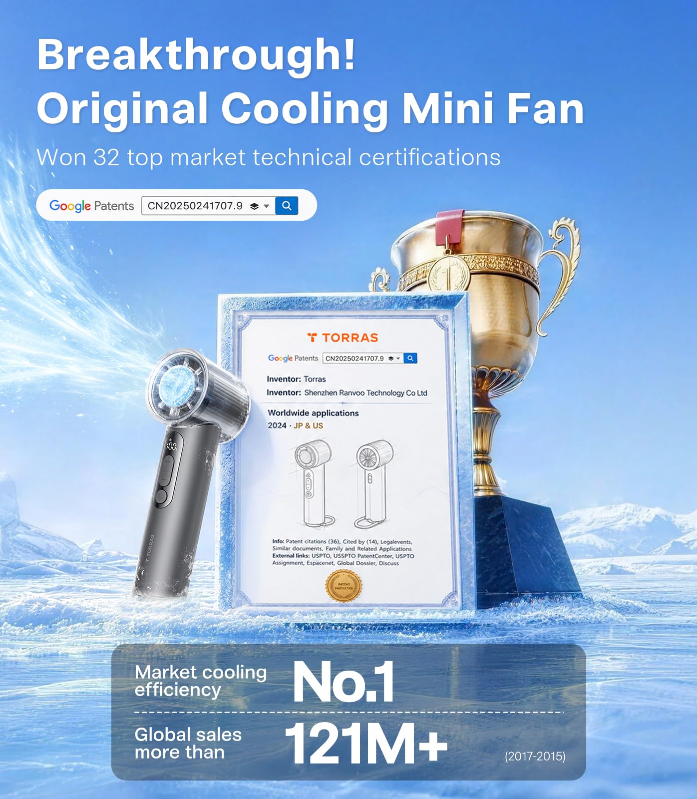 TORRAS Coolify iva - Ventilatore portatile con refrigeratore per il ghiaccio, raffreddamento di 10 °C, velocità regolabile da 0 a 100, super mini ventilatore portatile 4900 mAh, ricaricabile, ventole
