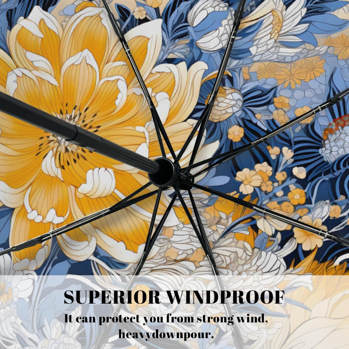 Vintage Peony Flower Folding Umbrella Windproof Compact Lightweight Travel Umbrella with 8 Reinforced Ribs, Portable UV Sun & Rain Protection for Men & Women