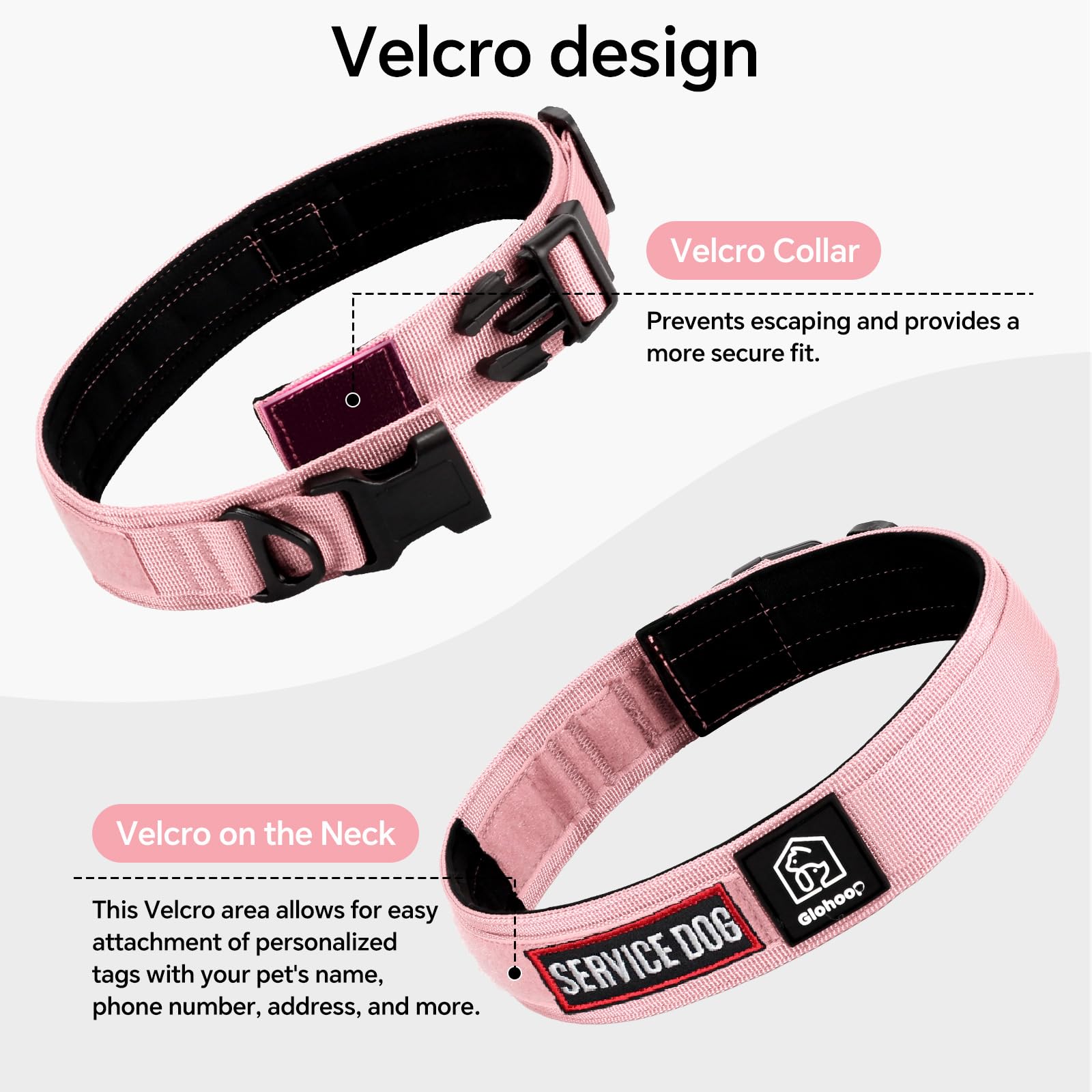 Collare per cani tattico resistente, anello a D in metallo, regolabile, resistente, con fibbia a sgancio rapido, per cani di taglia media e grande (rosa, M: 15-17)
