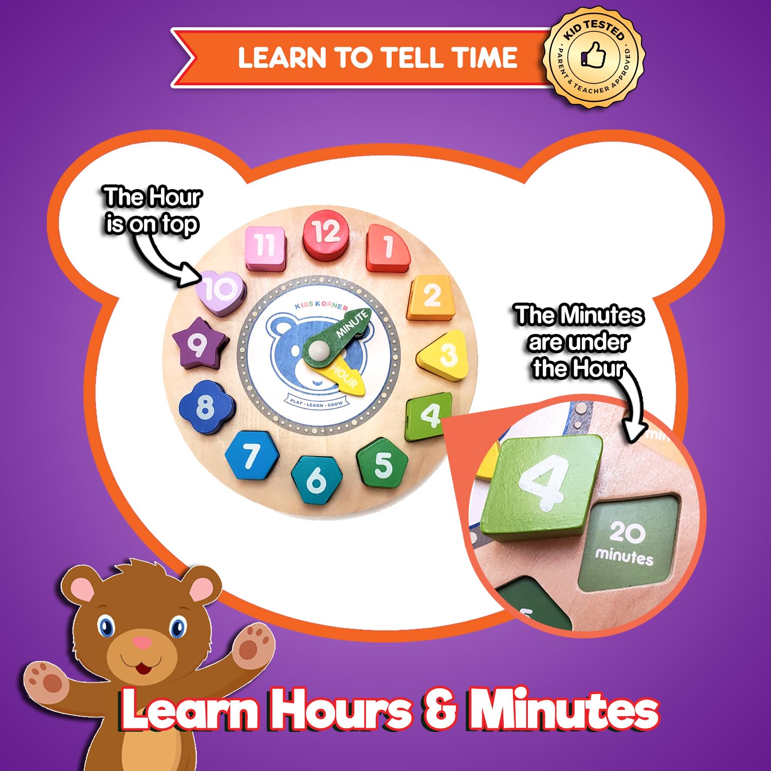 Orologio in legno con pizzo e apprendimento per bambini, forme, colori, lacci e tempo di rivelazione, si illuminano al buio abilità motorie sottili e giocattoli in legno con e-book