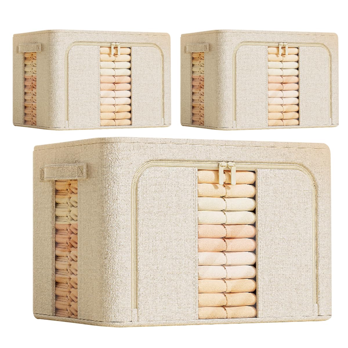 YWMEAC Foldable Bstorage with Lids, Fabric Storage Boxes with Steele/3Pcs Beige/L50Xw40Xh33Cm