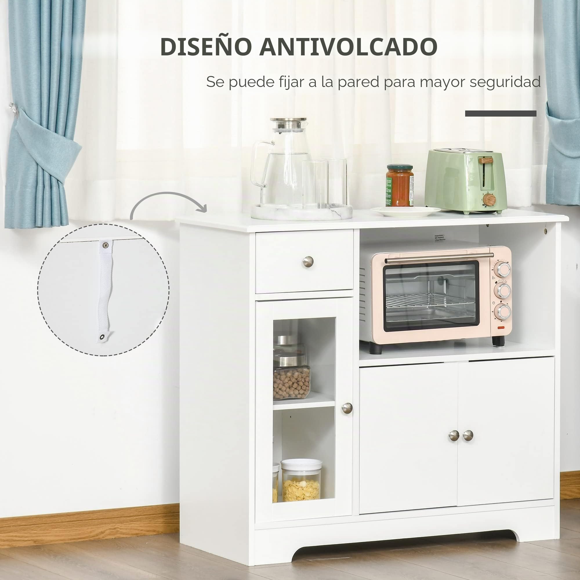 HOMCOM Aparador Armario para Microondas Vitrina 90x40x82cm Blanco Madera | Unidad de almacenamiento para cocina y comedor