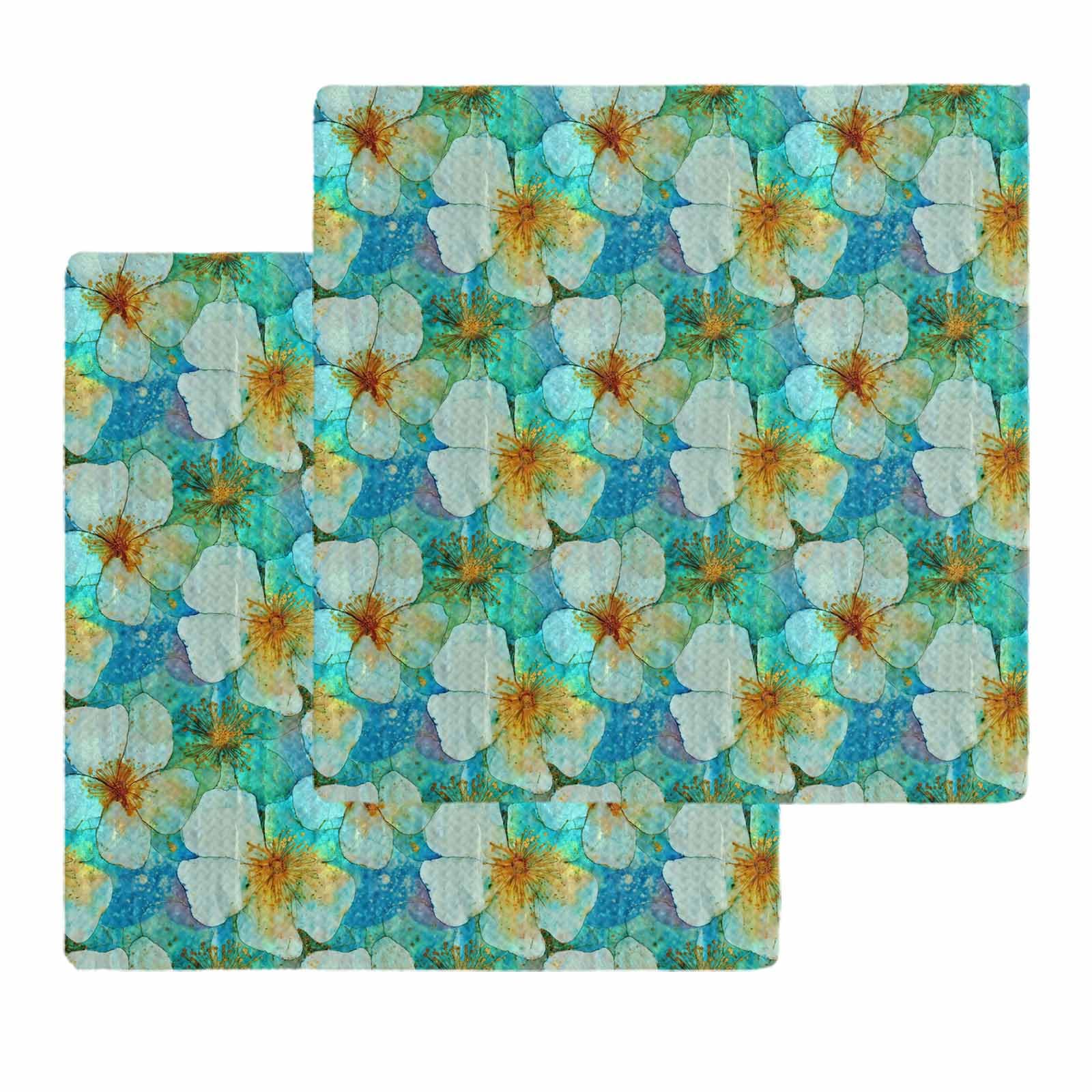 DecorLovee Watercolor Flower Kitchen Towels Set of 2, Waffle Microfiber Towels Cleaning, Retro Abstract Floral Art Absorbent Dish Towel Cloths Decorative Hand Towel for Bathroom 12x12 Inch