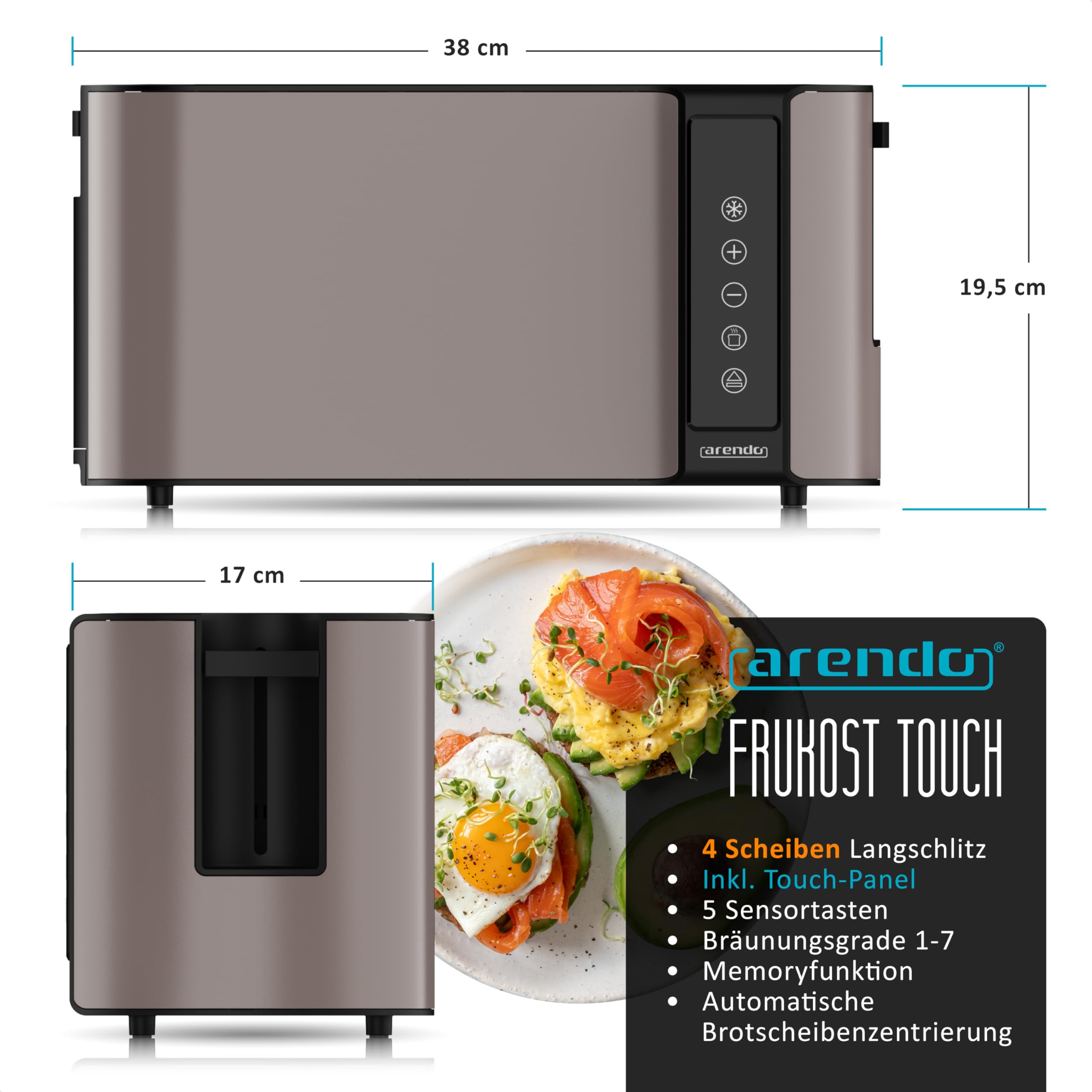 Arendo Küchen Set Edelstahl Wasserkocher Temperatureinstellung Toaster Langschlitz 4 Scheiben Touchpanel LED Display