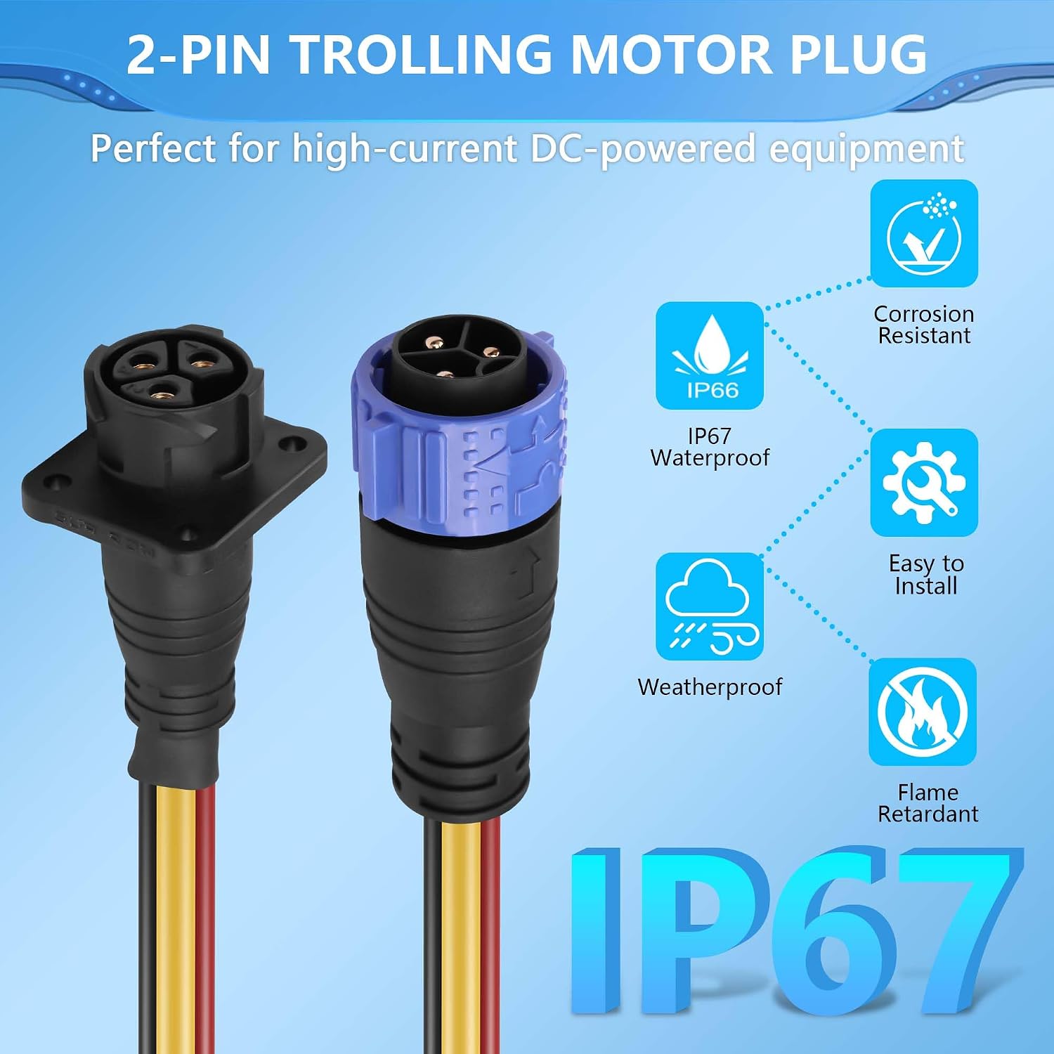 CERRXIAN Trolling Motor Plug Receptacle Set,3 Pin 8AWG 50Amp Marine Boat DC Power Connector,Waterproof Trolling Motor Quick Connect,12V/24V/36V/48V Male&Female Trolling Motor Connector