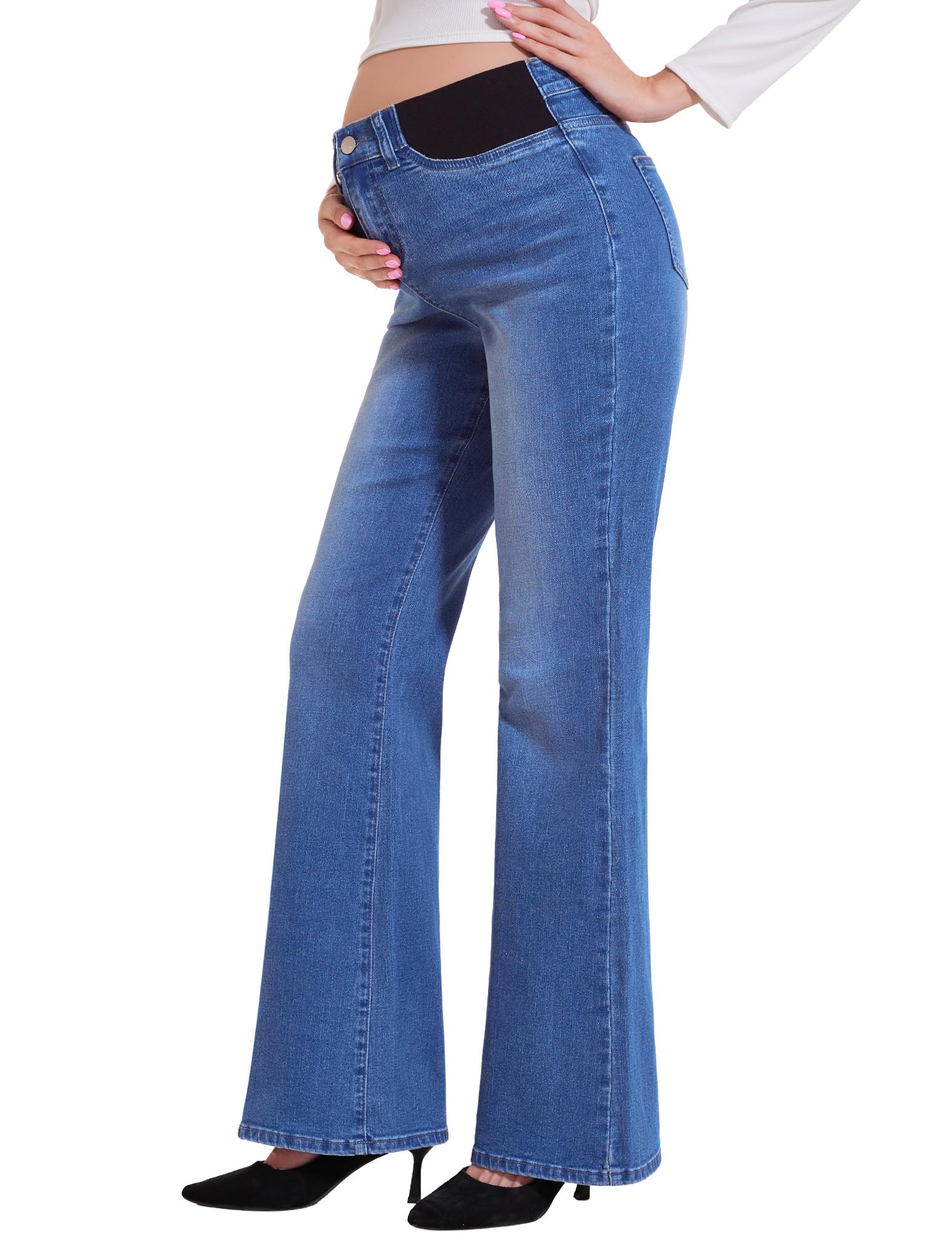 PACBREEZE Women's Maternity Flare Jeans Mid-Rise Stretchy Bell Bootcut Jeans Denim Pregnancy Pants, S-XXL