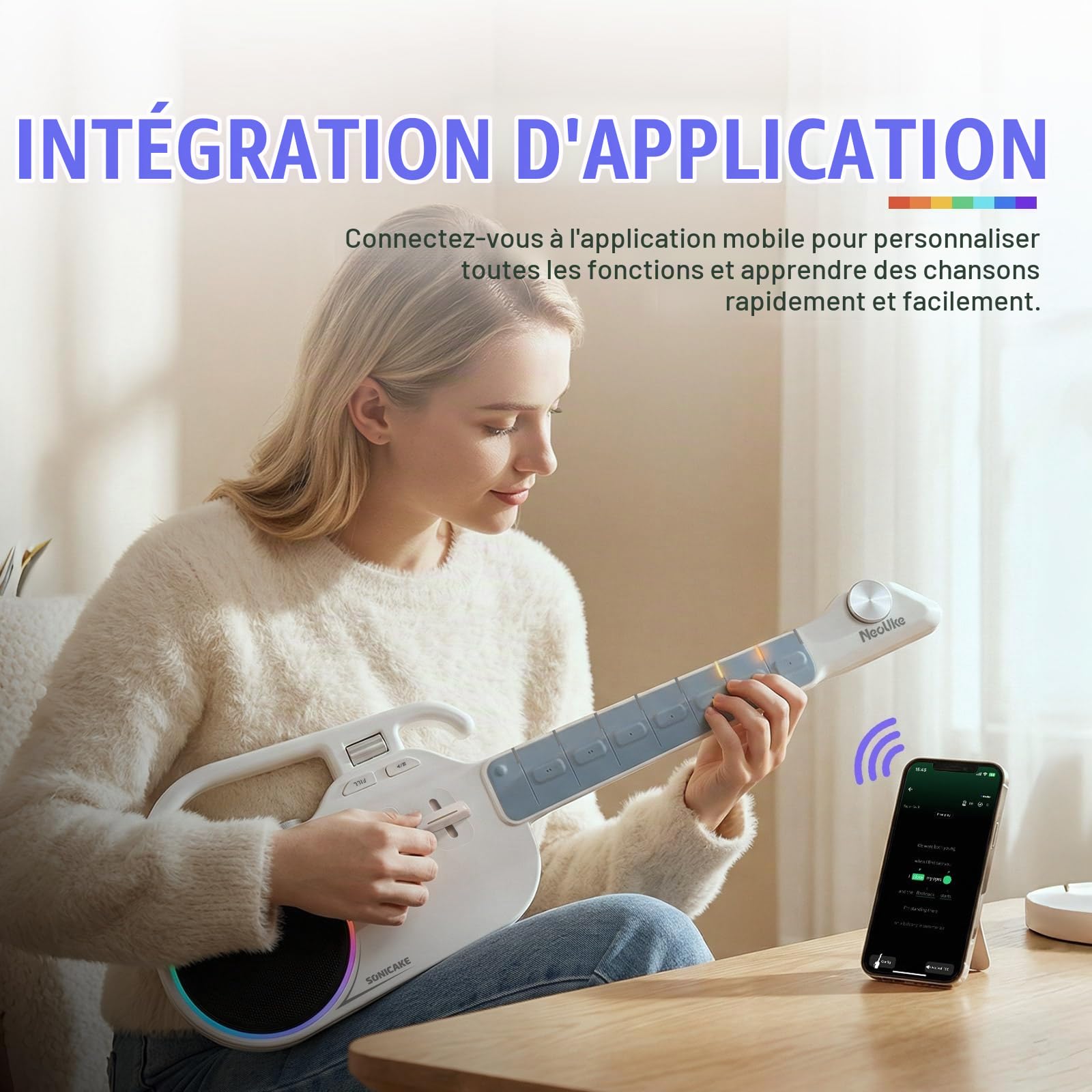 SONICAKE Guitare Intelligente Sans Cordes, Ukulélé Numérique à Manche Lumineux pour Débutants, Instrument de Voyage Portable avec Haut-Parleur BT 10W Intégré, Accompagnement Auto & App NeoUke