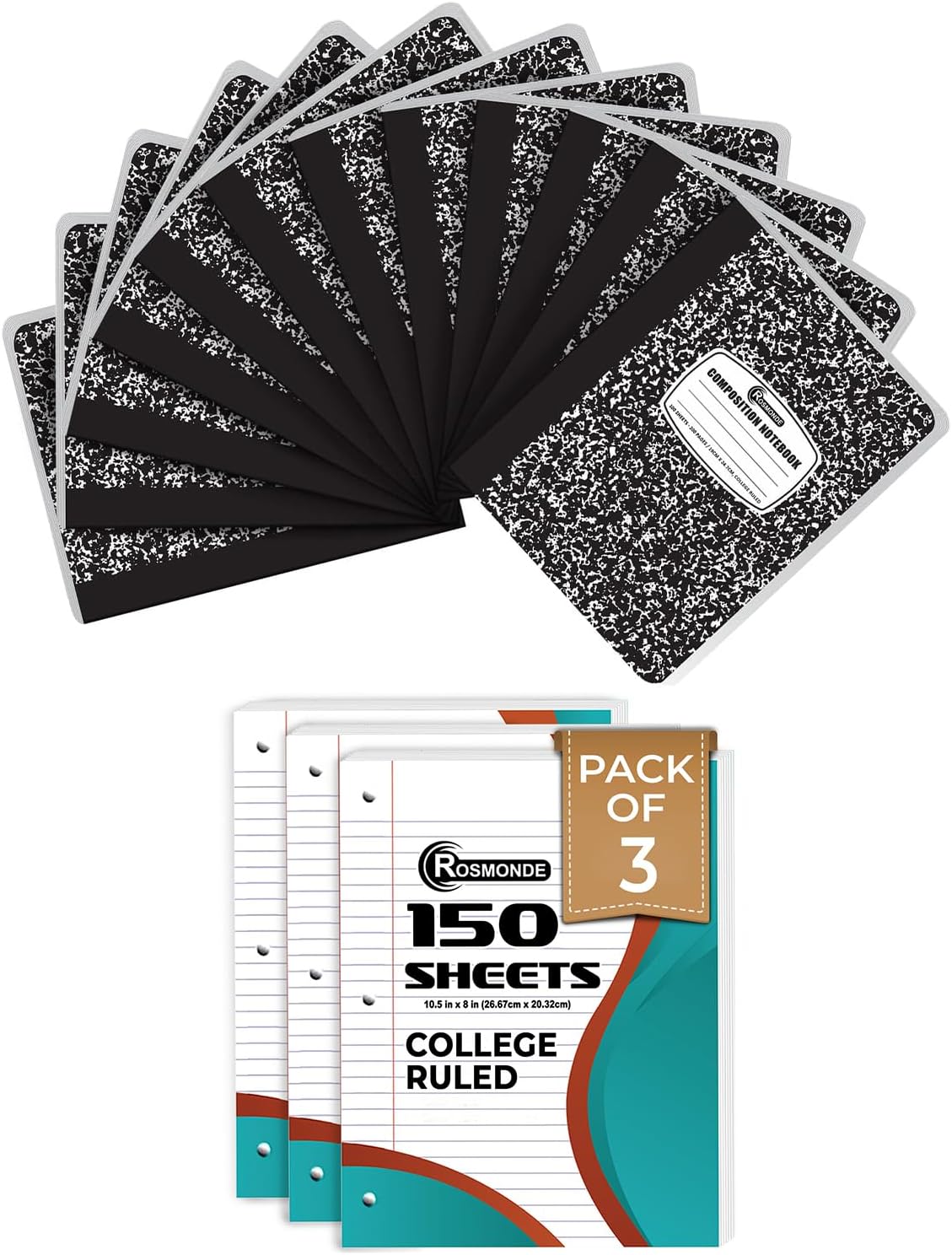 Rosmonde College Ruled Combo, 12 Pack 200 Pages (100 Sheets), Black Marble Composition Book & Loose Leaf Paper, 450 Sheets, 3 Pack, 3 Hole Punched, Filler Paper,School, College & Office