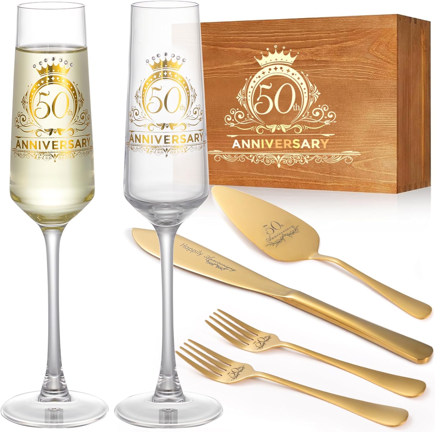 VARLKA 50th Wedding Anniversary Champagne Flutes Gifts, 50th Anniversary Decorations Gold Cake Cutting Set for Wedding Anniversary 50th Gifts for Parents