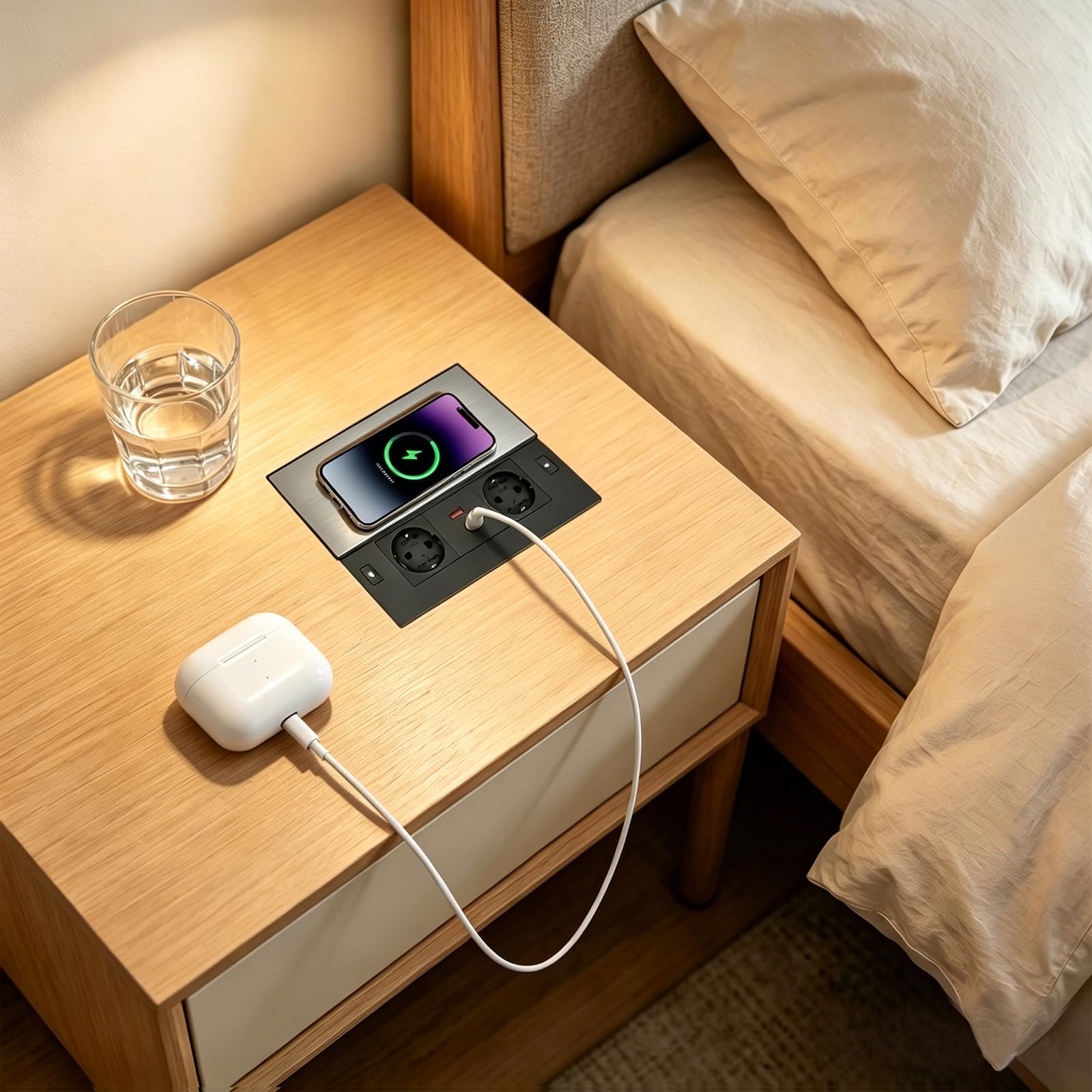Einbausteckdose Versenkbar, 2 Fach Einbausteckdose mit Deckel, USB C PD 30W USB A, Tischplatte Einbausteckdose mit Kabellosem Laden, für Schreibtisch Küche Büro Konferenztisch, 1,8m Kabel