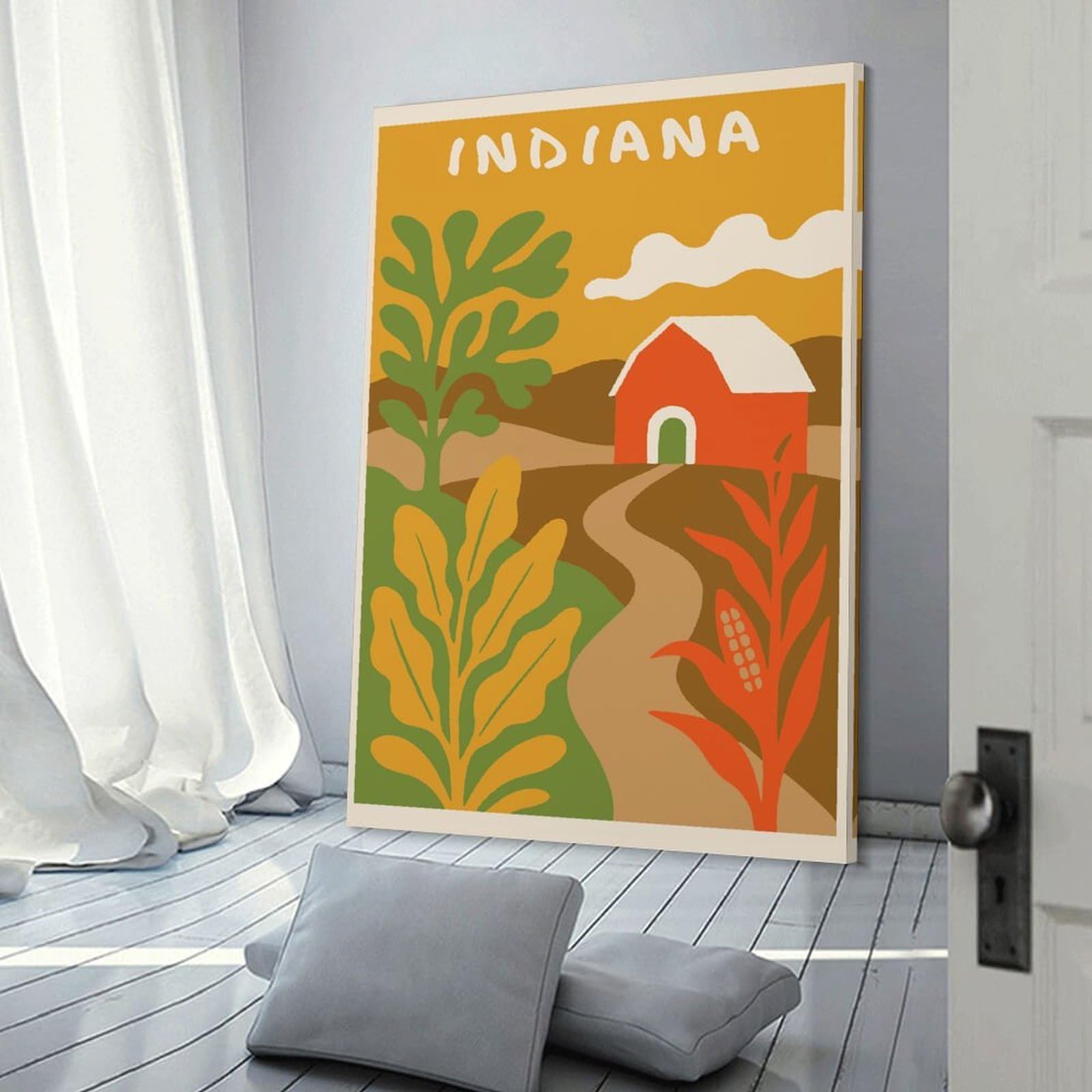 Junmoney Indiana Farm Landscape Illustration Hanging Wall Art, 20x30inch(50x75cm), for Entryway, Lounge Links Or Small Walls, Home Artwork for First Impressions