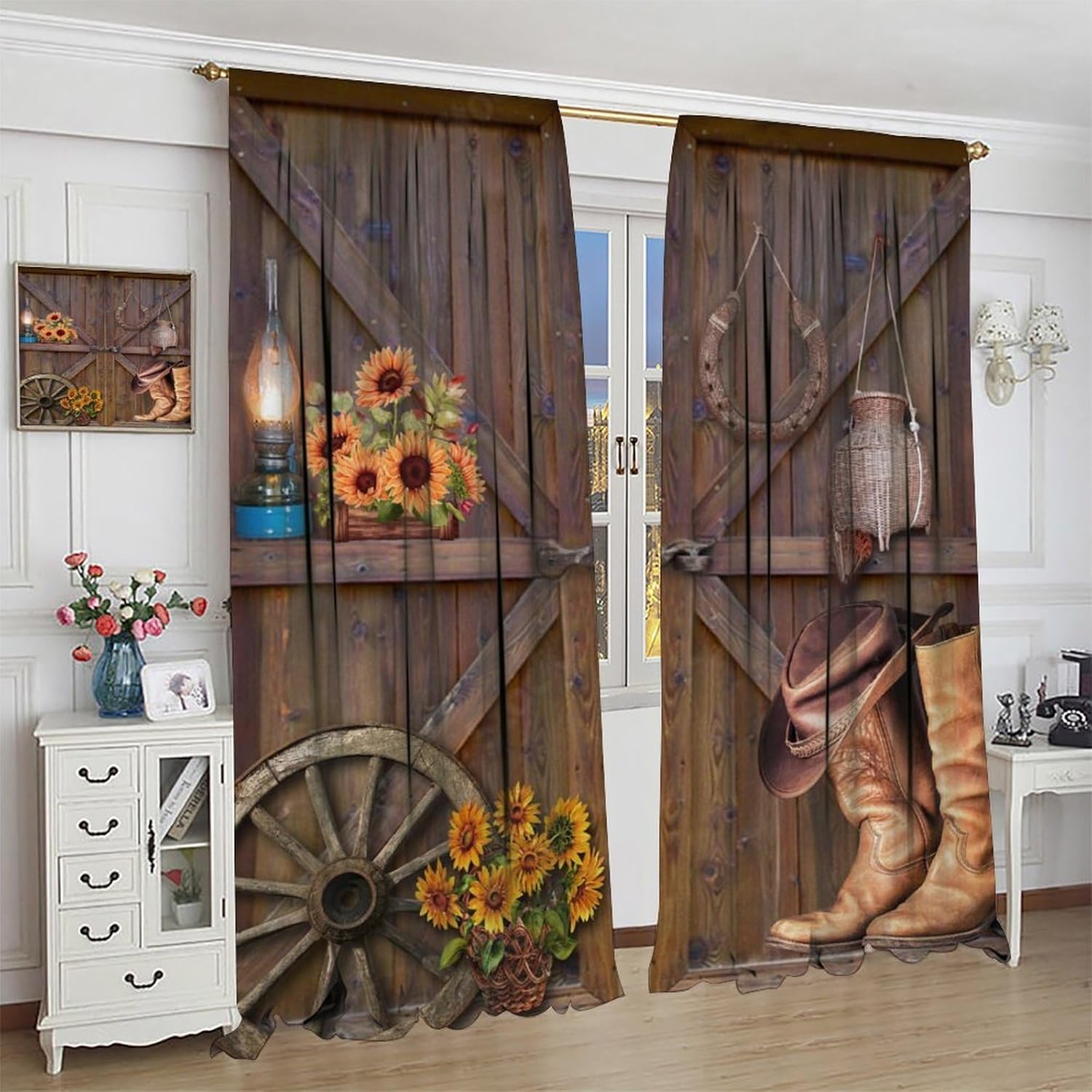 Brebasf Western Wooden Barn Blackout Rod Pocket Curtains,Rustic Horseshoe Vintage Old Wooden Board Cowboy Boots Wheel Sunflower Thermal Insulation Room Darkening Window Drapes 2 Panels 72"L x 31.5"W