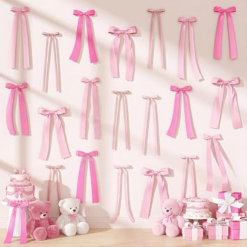 Pink Bow Birthday Decorations, 48 Pcs Pink Ribbon Bows Decor Bow Wall Decor
