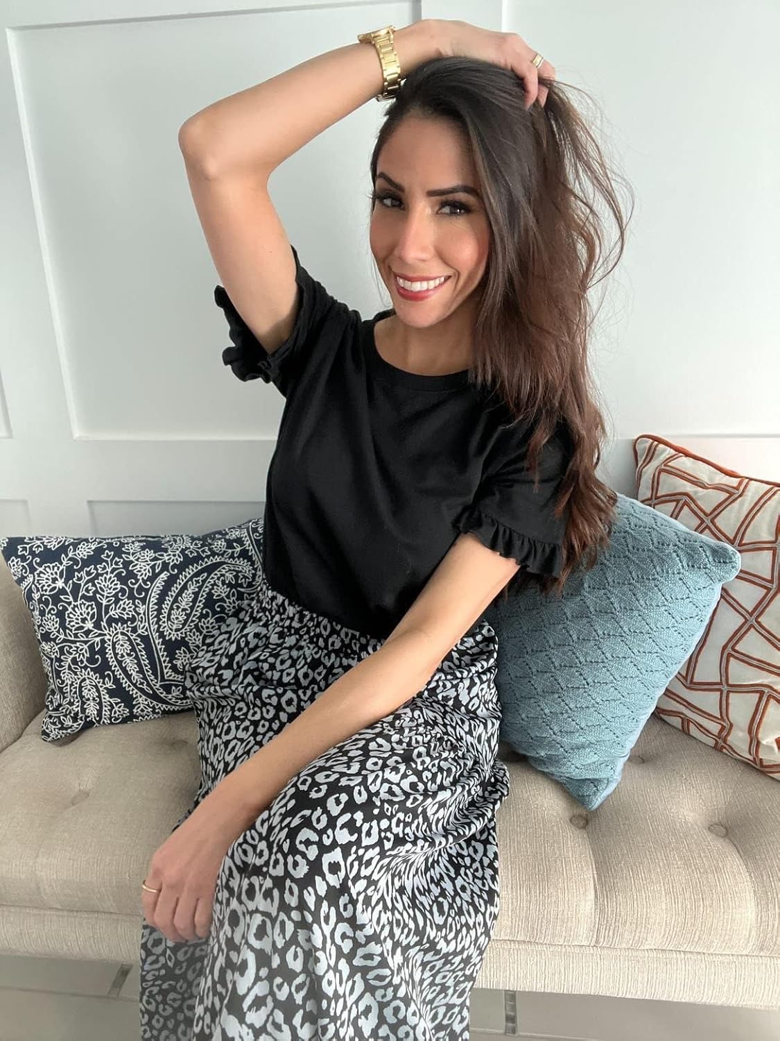 PRETTYGARDEN Women's Short Sleeve Casual T Shirts Summer Ruffle Plain Round Neck Loose Fit Tee Blouse Tops - Image 5