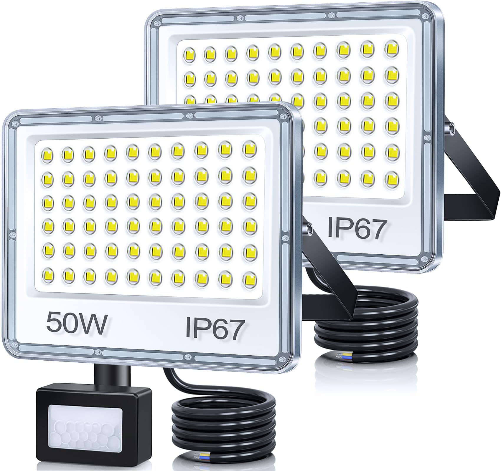 Faro LED Esterno con Sensore Movimento 50W 2 Pezzi, 5000LM Faretto con Sensore di Movimento, 7000K Faretto LED da Esterno, Impermeabile IP67 Luci per Giardino, Terrazza, Garage