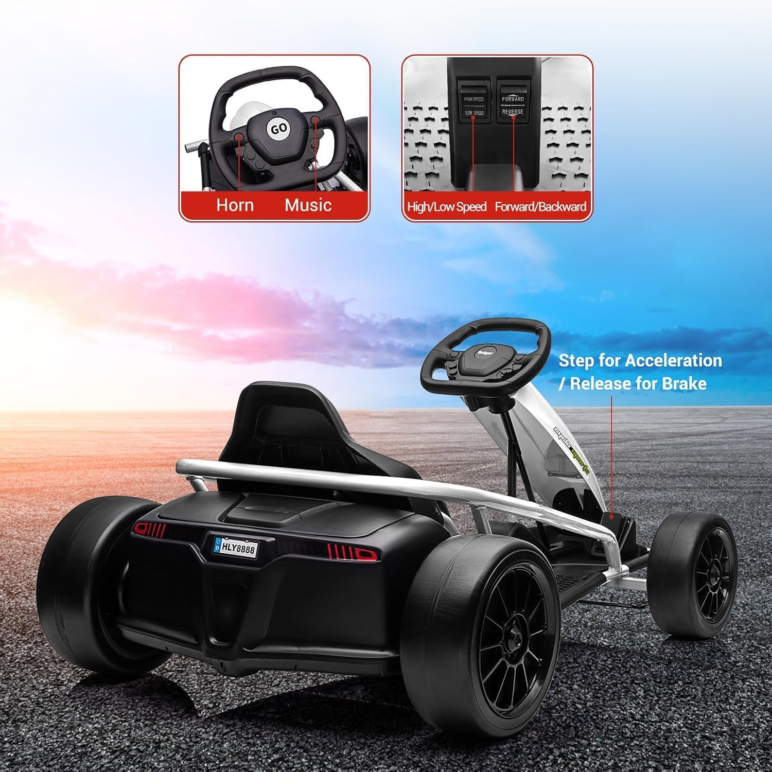 Ride on Go Kart for Teens, 24v 9Ah Large Battery Dual 300w Extra Powerful Motors, 8MPH Fast Drifting Fun with Music & Horn, Max Load 175 Lbs, Outdoor Ride on Toy for Teens