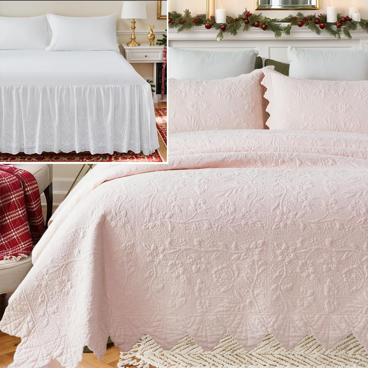 Brandream 4-Piece King Size Quilt Set Cotton Pink Quilts Farmhouse Bedding Set Matelasse Coverlet Set Scalloped Quilts