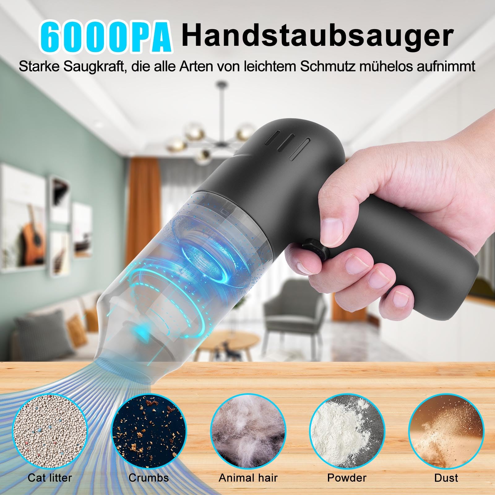 Mini Handstaubsauger Akku, 6000Pa Hand-Staubsauger Kabellos, 3-In-1 Kleiner Handsauger Stark mit Saugen, Blasen, Aufblasen, Geeignet für Auto, Haushalt, Tierhaare, Staubreinigung