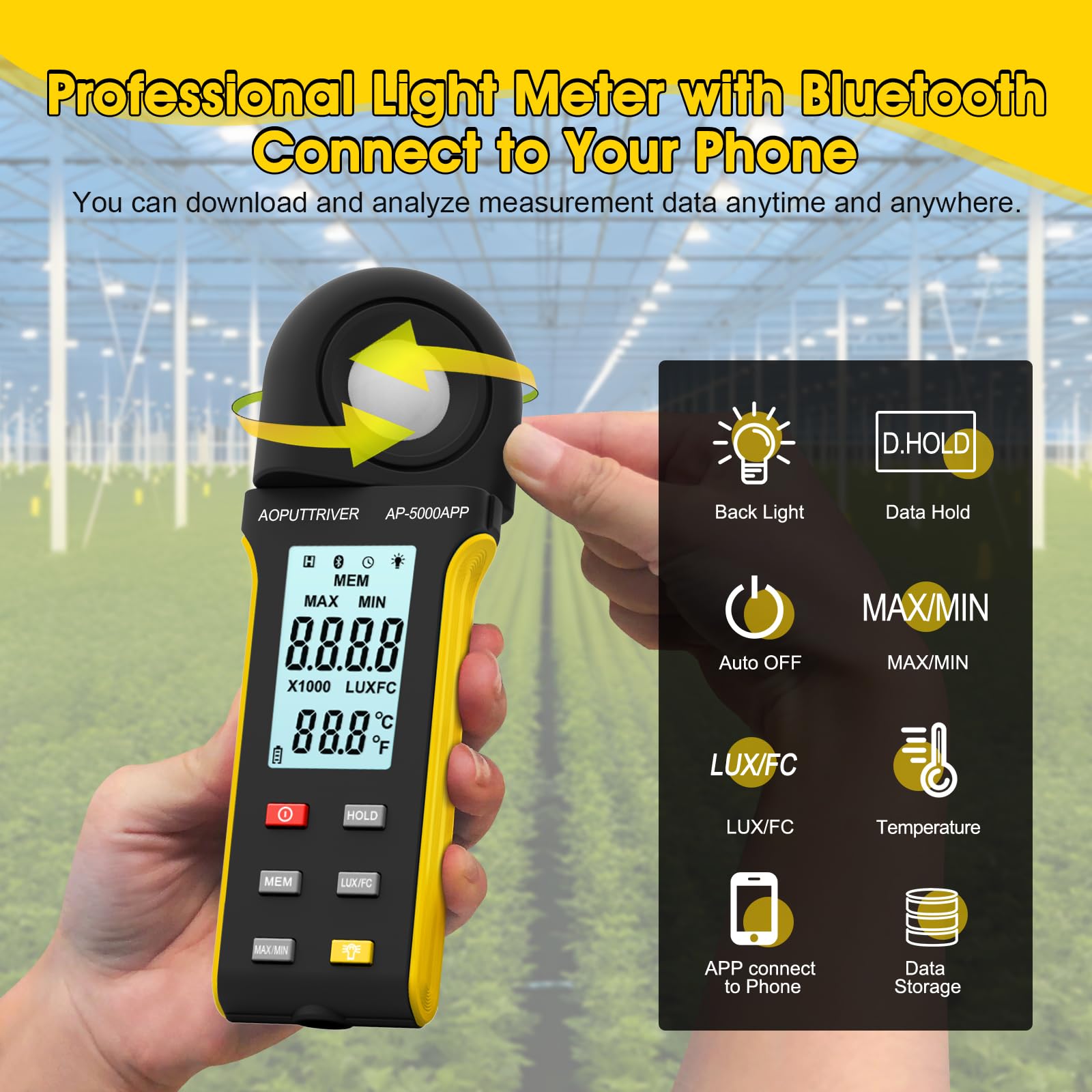 AP-5000APP Digital Luxmeter, Lichtmessgerät Messen 0,1~400.000 Lux Fußkerzen mit 270º Drehbarem Sensor, APP EIN-klick-Bedienung, Light Meter für Pflanzen Fotografie LED Lichter