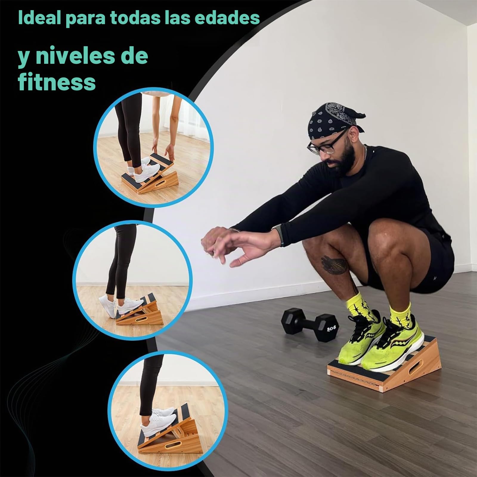 Tabla de madera inclinada profesional de tamaño mediano, tabla de inclinación para estirar las pantorrillas – diseño con asa extra lateral para transportarla fácilmente – 40,6 x 31,7 cm