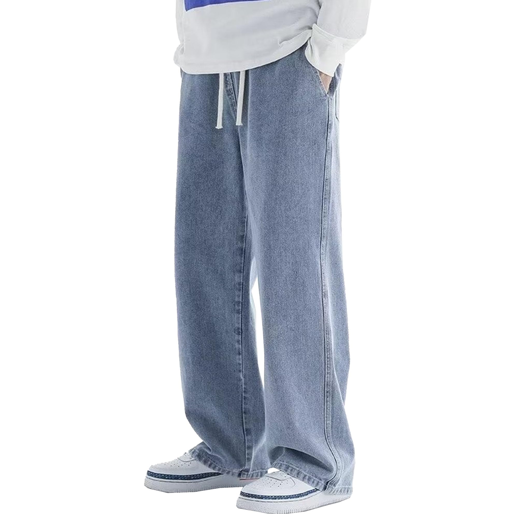 Mens Elastic Waist Drawstring Straight Baggy Jeans Hip Hop Y2K Denim Joggers Wide Leg Cargo Streetwear Jeans