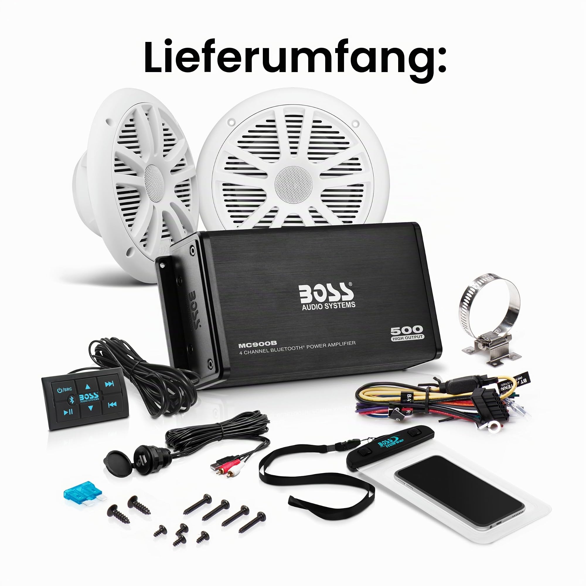 BOSS AUDIO ASK902B.6 500 W 4-Kanal Bluetooth Verstärker mit 180 W Marine-Lautsprecher im Set