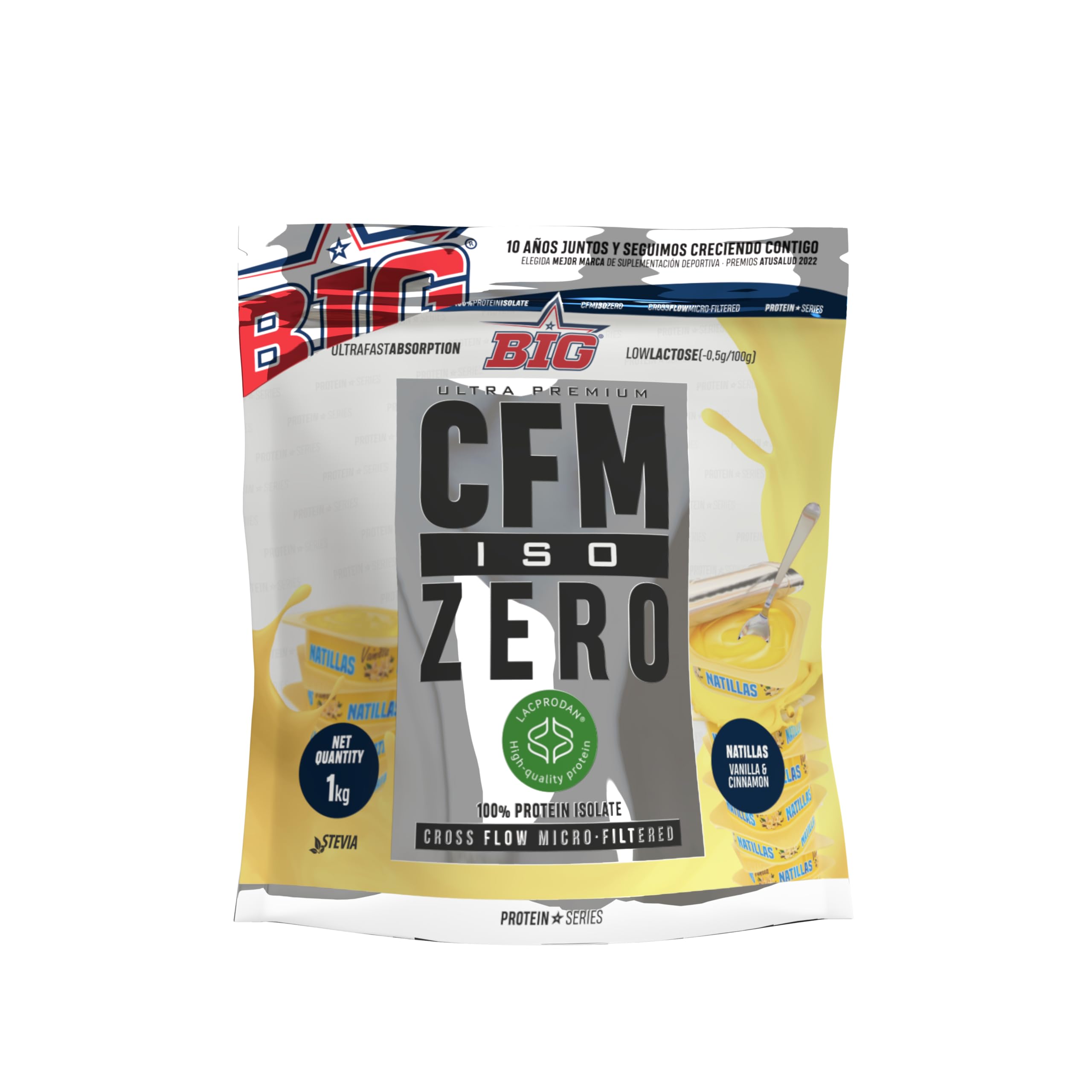 BIG - Proteina Isolada - Proteinas Whey para Masa Muscular - Whey Protein Isolate - Proteína en Polvo Materia Prima Premium Sin Grumos, Baja en Lactosa, Sin Azúcares Añadidos (1kg, Natillas)