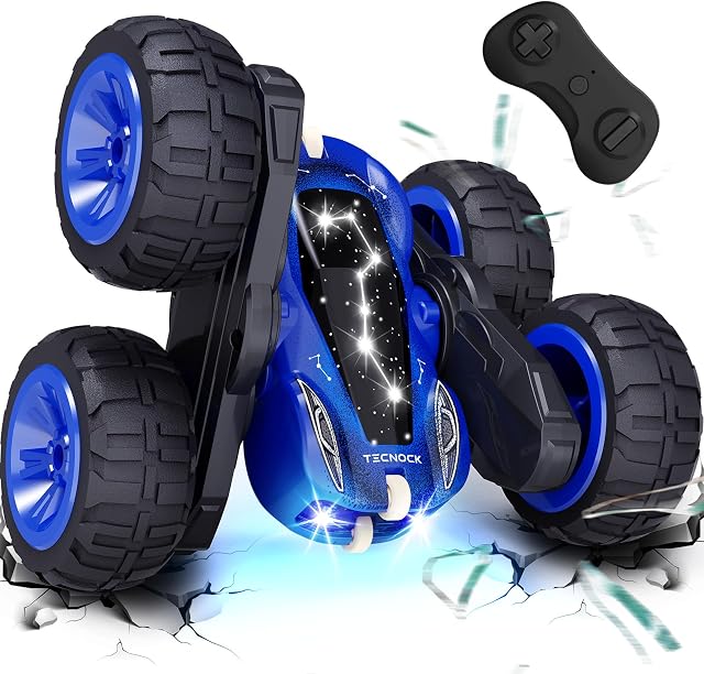 Tecnock Voitures de télécommande pour enfants, 2.4GHz RC Voiture avec charge facile type-C, 4WD Double face 360° Rotations et flips RC Voiture Stunt, Cadeau jouets pour les garçons et les filles, Bleu