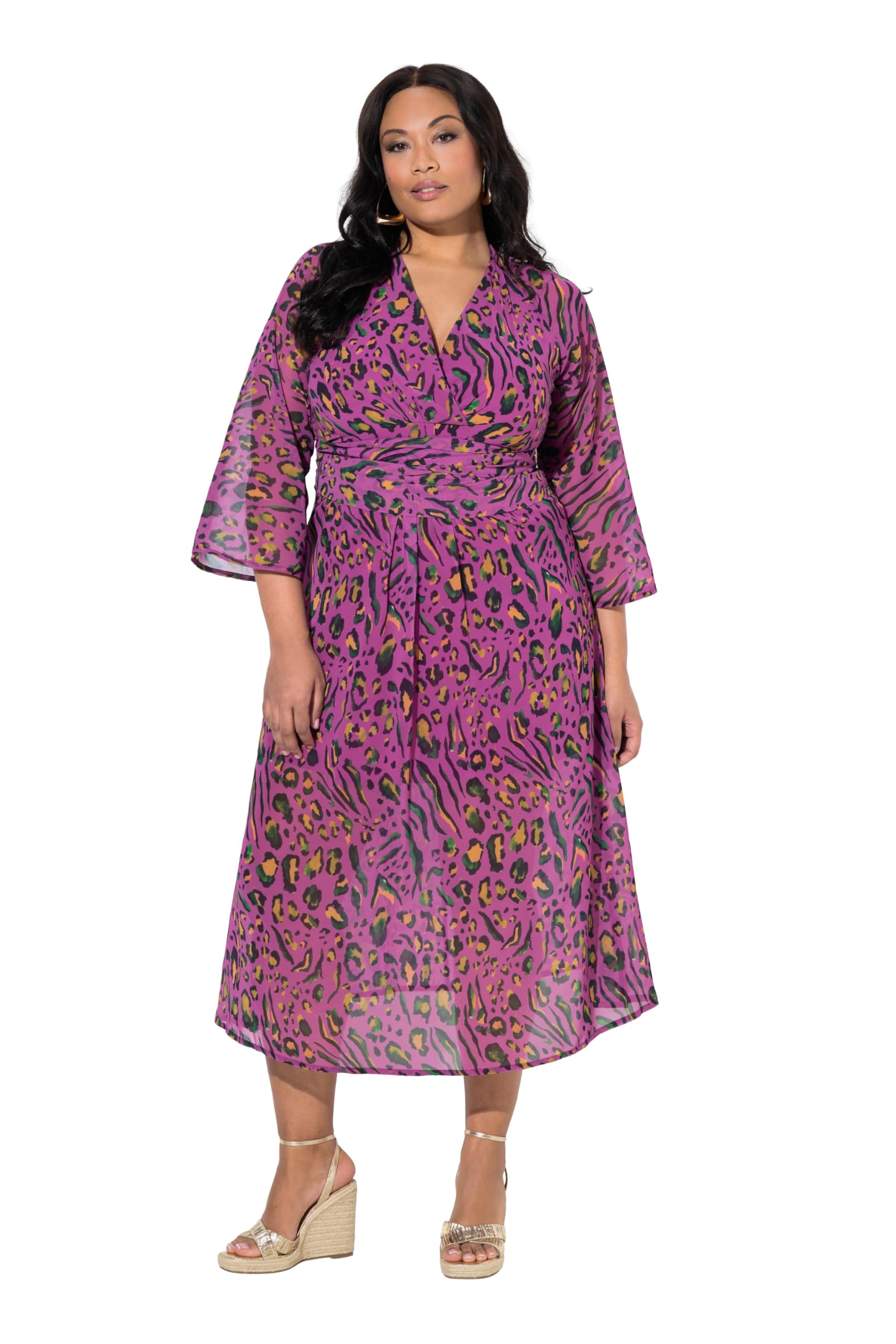 Ulla Popken Damen große Größen Übergrößen Plus Size Jerseykleid, Leomuster, V-Ausschnitt, Trompeten-Langarm 849989