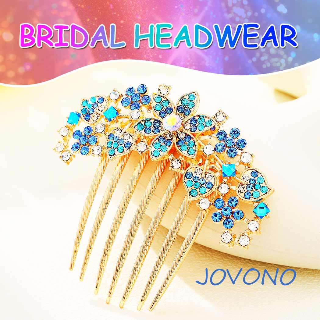 Jovono Rhinestone Flower Bride Wedding Hair Comb Gold Crystal Bridal Hair Pieces Vintage Hair Accessories for Women(Blue) - Image 4
