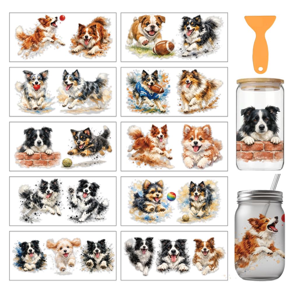 arricraft 10 Sheets Animal Theme UV DTF Cup Wrap for 16OZ Glass, Cute Puppy Running Puppy Rub on Decals PVC Transfer Stickers for DIY Cups Window Home Printing Decoration 24x11cm/9.4x4.3inch โ image 1