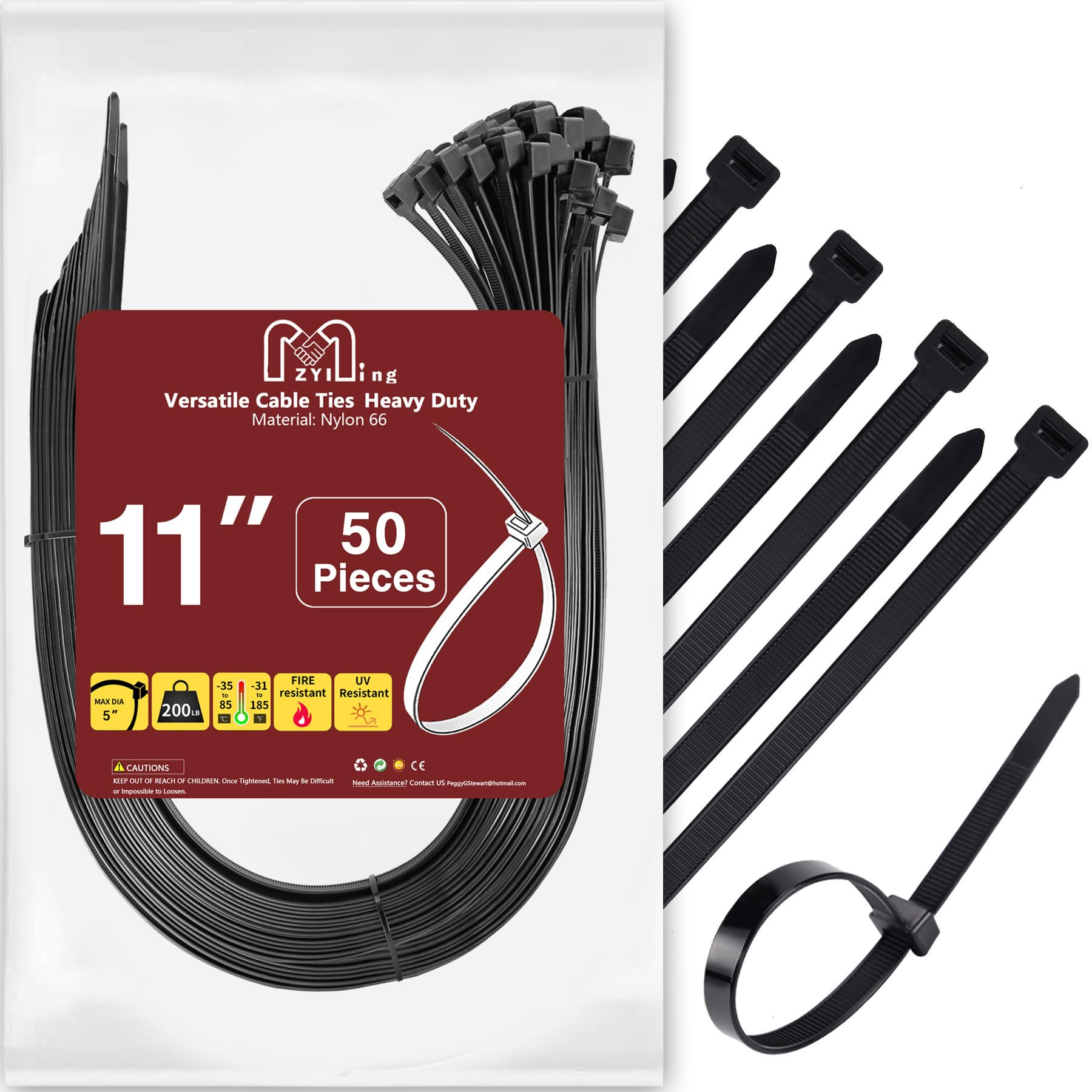 Zip Ties Heavy Duty 200 lb 11 Inch, Large Cable Ties Black Zip Tie Extra Wide Plastic Ties Industrial Cable Wire Tie Wraps 50 Pieces