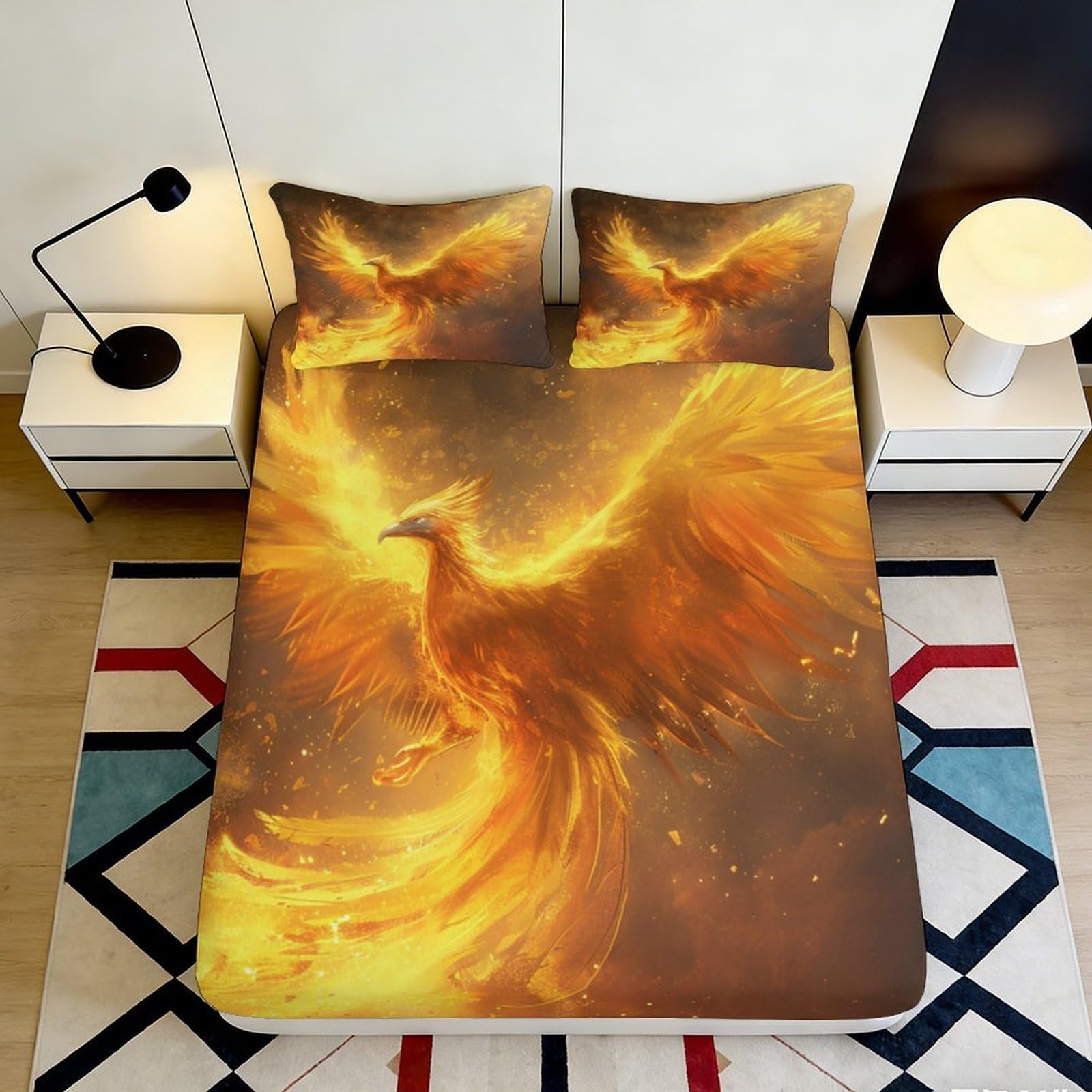 3D Printed Fire Phoenix Fitted Sheet Microfiber Soft Anti-Slip Golden Flame Bed Cover for Bedroom Guest Room 90x200x25cm