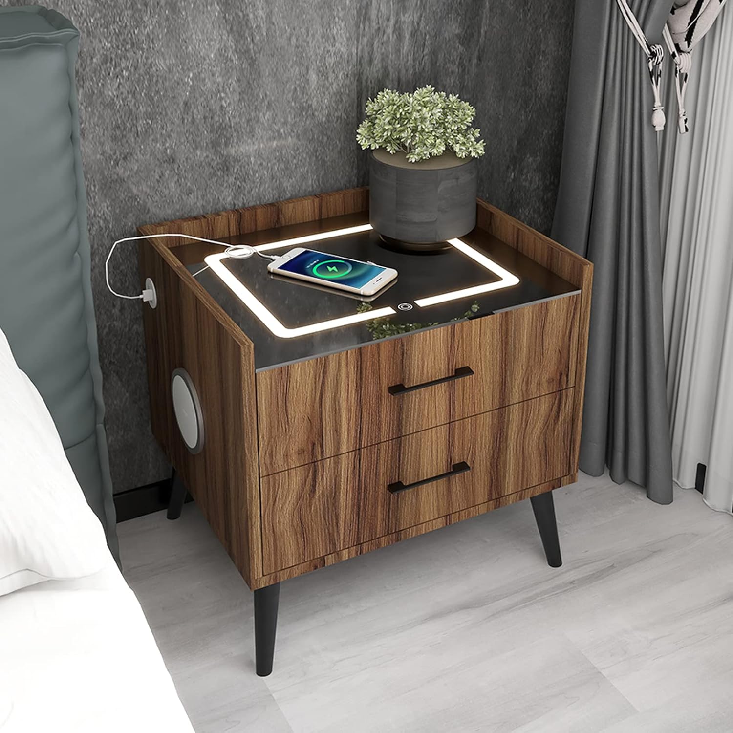 Smart LED Nightstand with 2 Drawers, End Table with Charging Station Wireless and