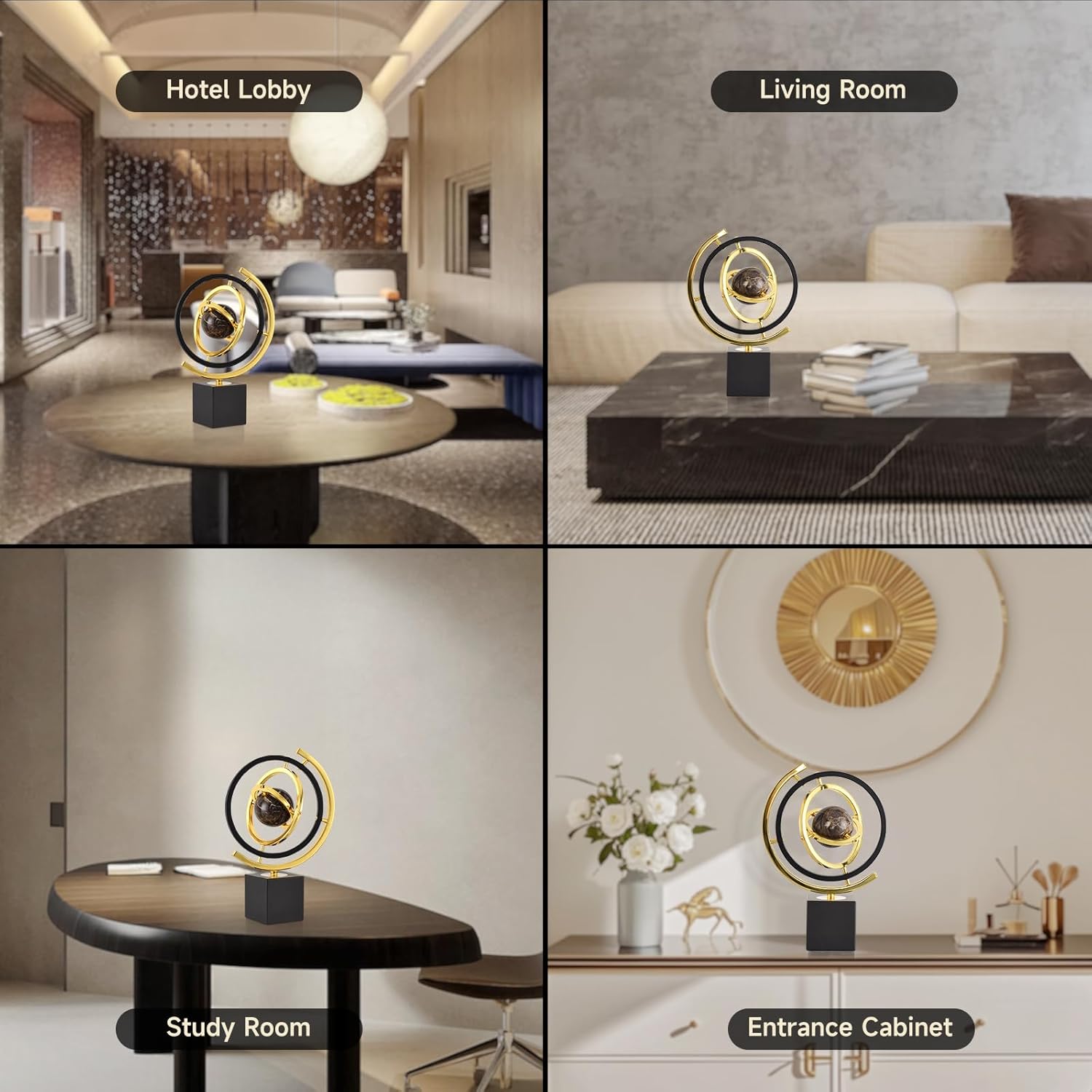 MRetro Iron Box Base odern Abstract Art Decoration Metal Globe Ornament Sculpture Decor with Rectangle Stand Black & Gold