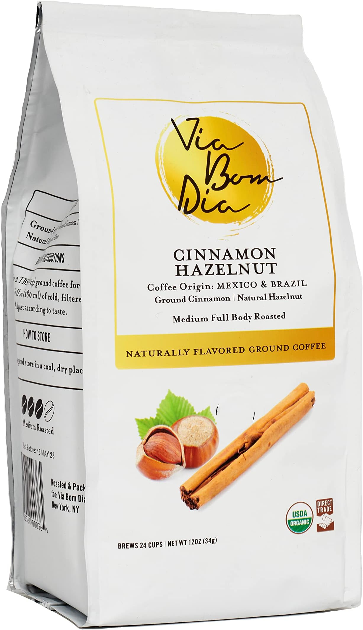 Via Bom Dia100% Naturally Flavored Ground Coffee, Cinnamon Hazelnut, Medium Roast, No Artificial Flavors, 12 oz. Bag Great Stocking Stuffer for Coffee LoverUSDA Organic