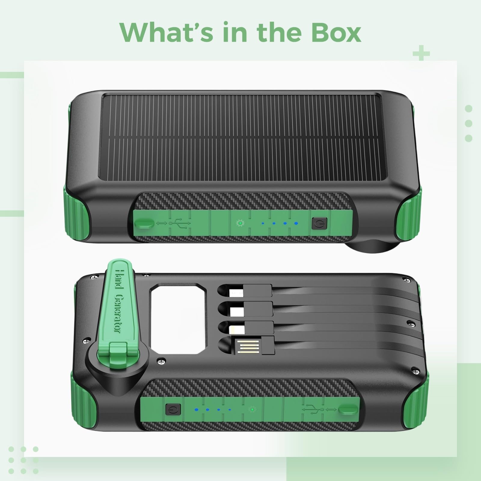 Power Bank da 20000 mAh, caricatore portatile con generatore a manovella, ricarica rapida, 3 cavi di uscita, torcia a LED, luce da campeggio, certificata UKCA per campeggio all'aperto