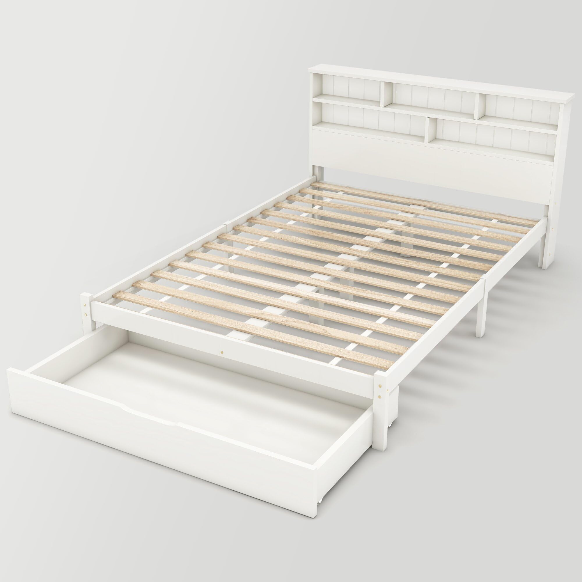 TIZZ Letto matrimoniale in legno massello con cassetti e rete a doghe, per ragazzi e adulti, bianco (140 x 200 cm)