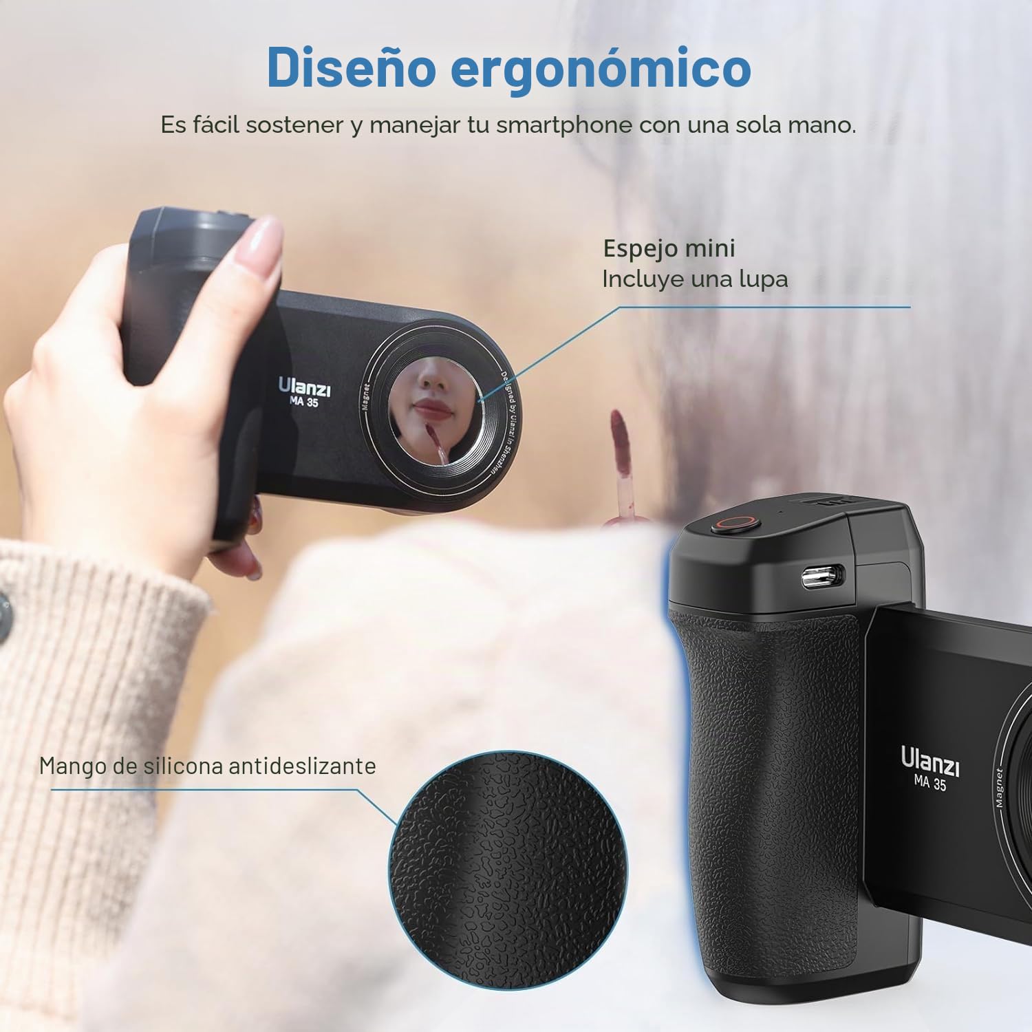 ULANZI MA35 Handle Grip Movil, 2 en 1 Magnético & Clip para Teléfono Soporte para Manija de Cámara con Obturador Remoto Desmontable con Adaptador de Zapata Fría para Selfie, Vlog, iPhone 17 16 15
