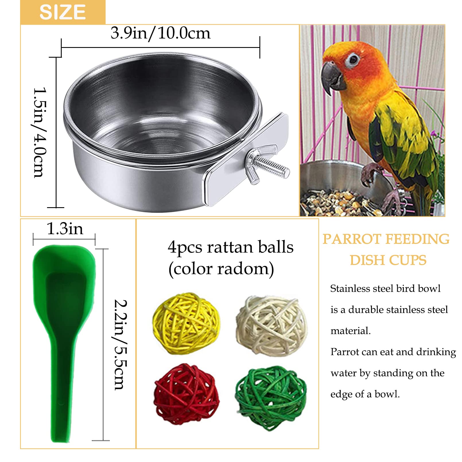 kathson Stainless Steel Bowls for Birds,4 Pcs Parrot Feeder Dish Cups,Bird Cage Water Food Bowl Coop Cup with Clamp Holder for Parrots Cockatiel Budgies Parakeet Lovebird(S) - image 2
