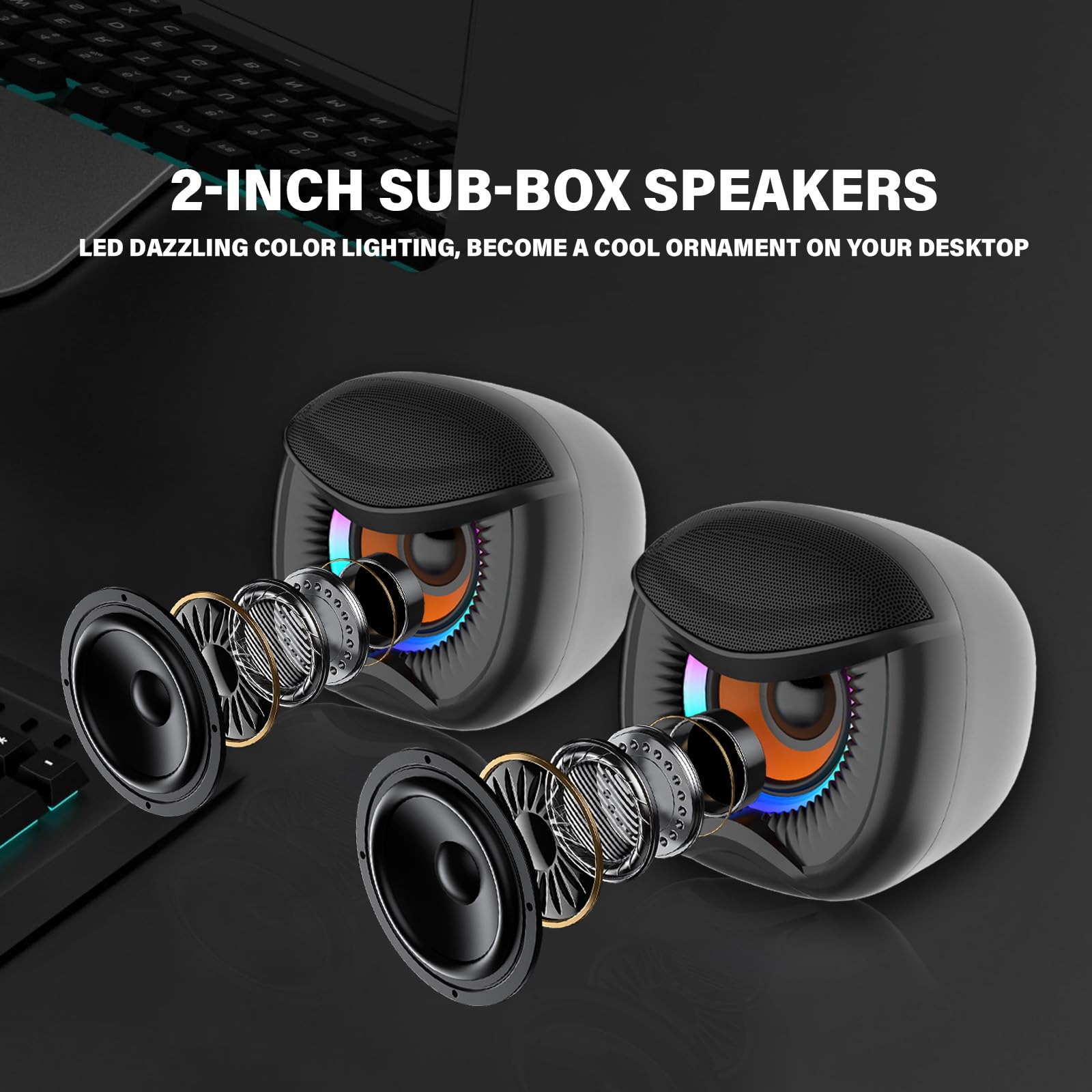 Altoparlanti per computer 2.1, sistema stereo da gioco con subwoofer RGB, altoparlanti ausiliari da 3,5 mm alimentati via USB cablati per PC, laptop, tablet, telefoni - nero