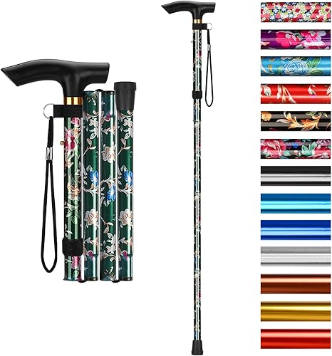 SupreGear Bastón plegable, de viaje, portátil, 5 niveles de altura ajustable, ligero, con correa para la muñeca y mango en T, para personas mayores,