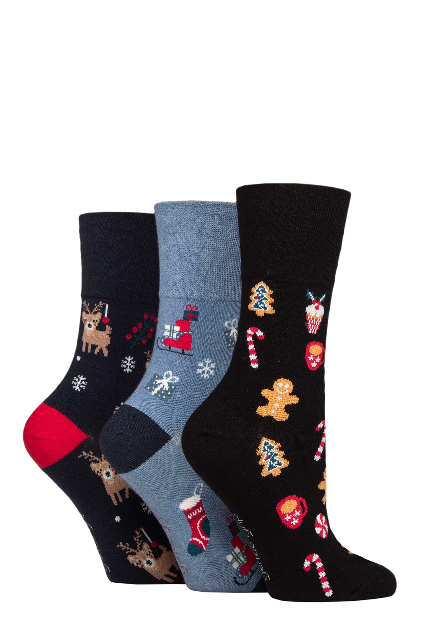 SockShop Gentle Grip Ladies Cotton Christmas Socks Pack of 3 (UK, Numeric, 4, 8, Regular, Regular, Navy/Black)