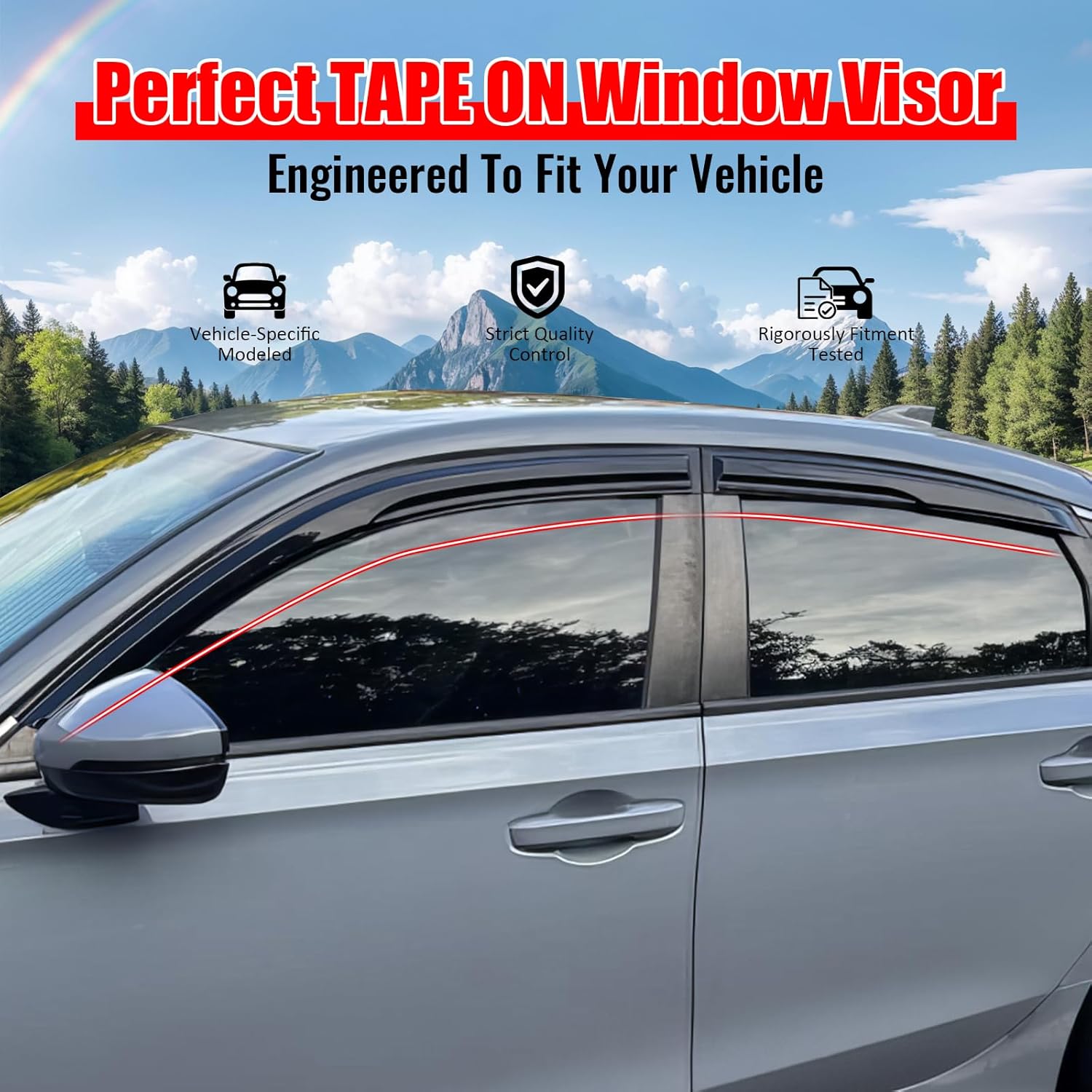 IKON MOTORSPORTS Tape on Window Visors Compatible with 2022-2026 Honda Civic Hatchback, Mugen Style Acrylic Black Rain Guards, Side Window Wind Deflectors 4PCS